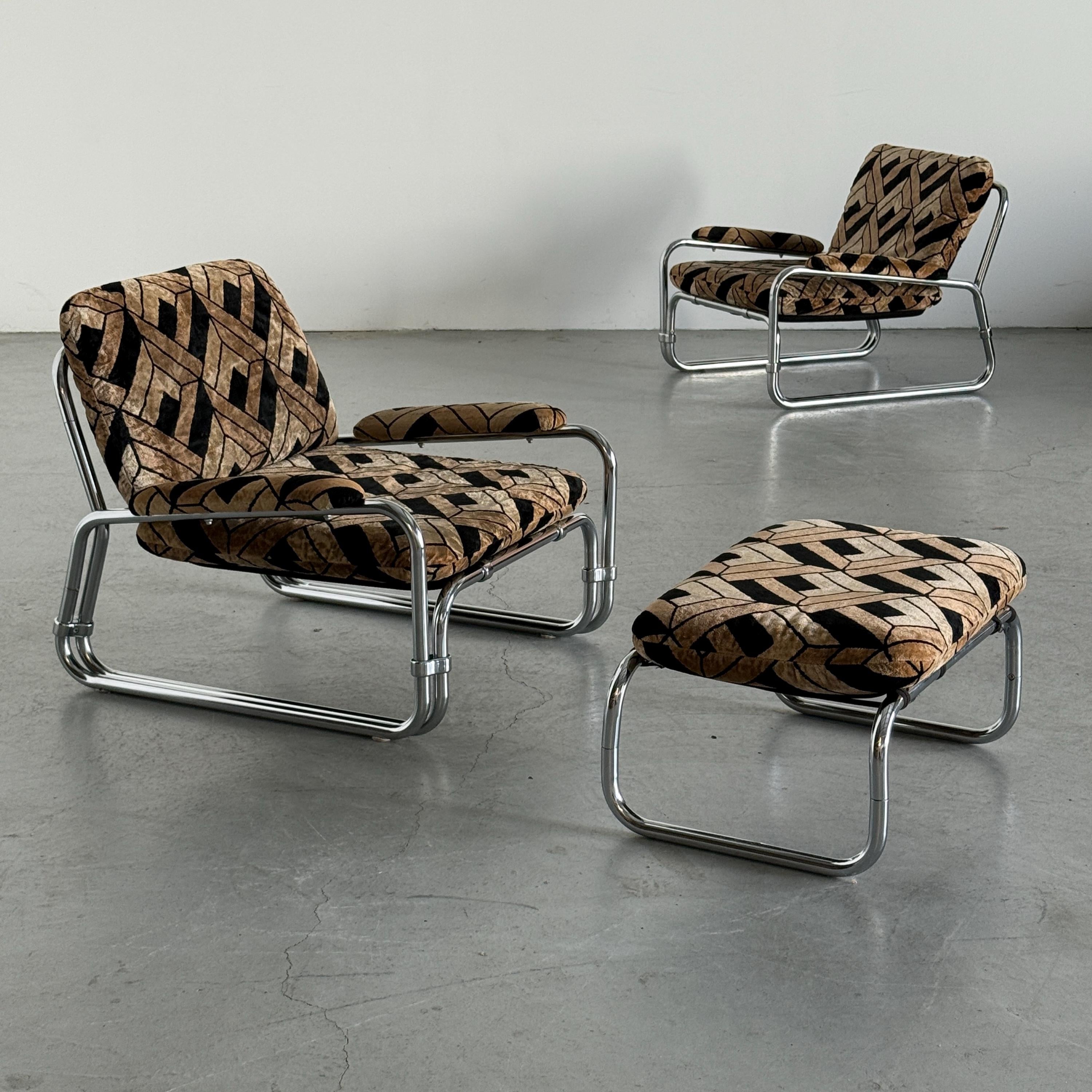 Tubular Steel Chrome Seating Set in Geometric Velvet