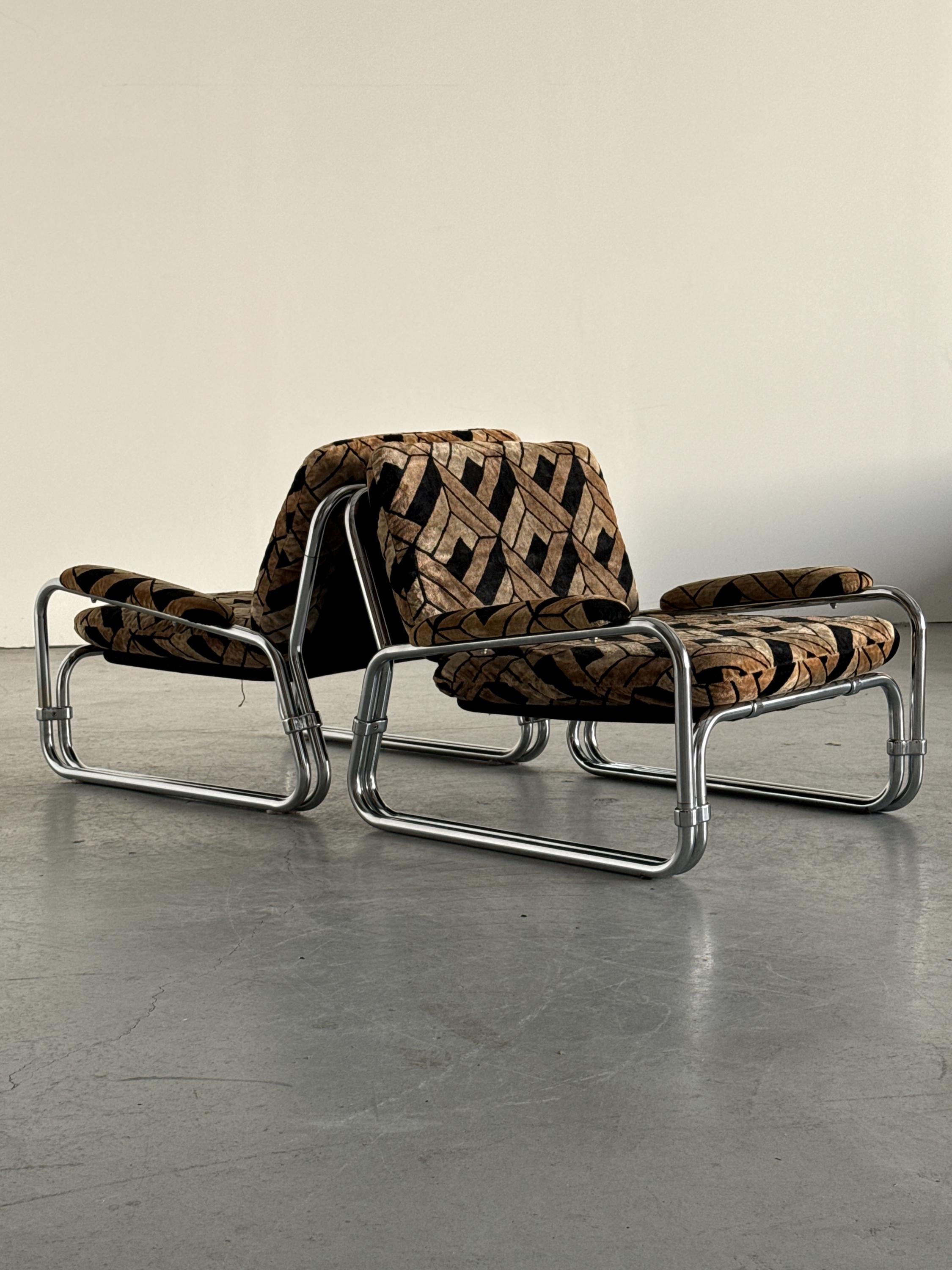 Tubular Steel Chrome Seating Set in Geometric Velvet