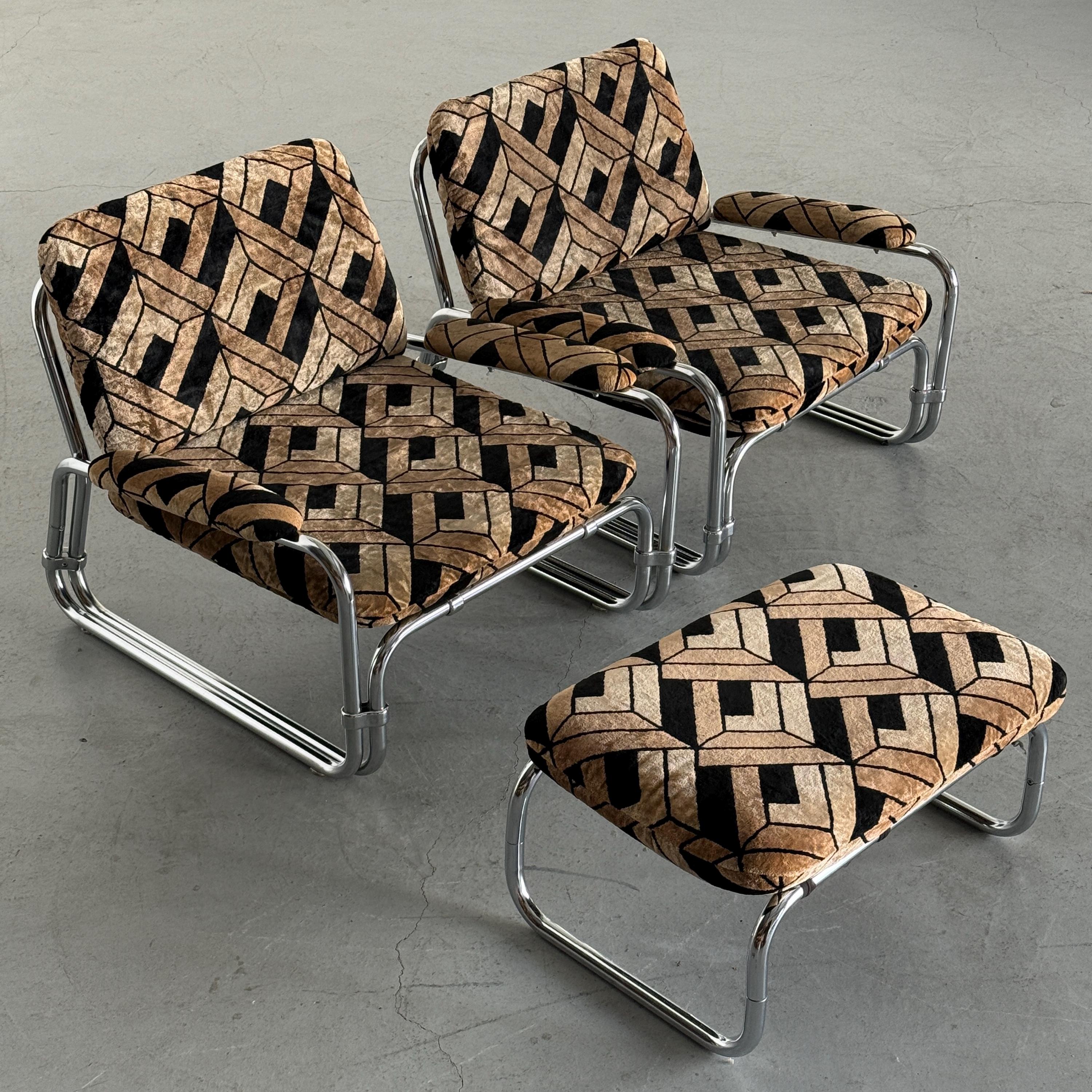 Tubular Steel Chrome Seating Set in Geometric Velvet