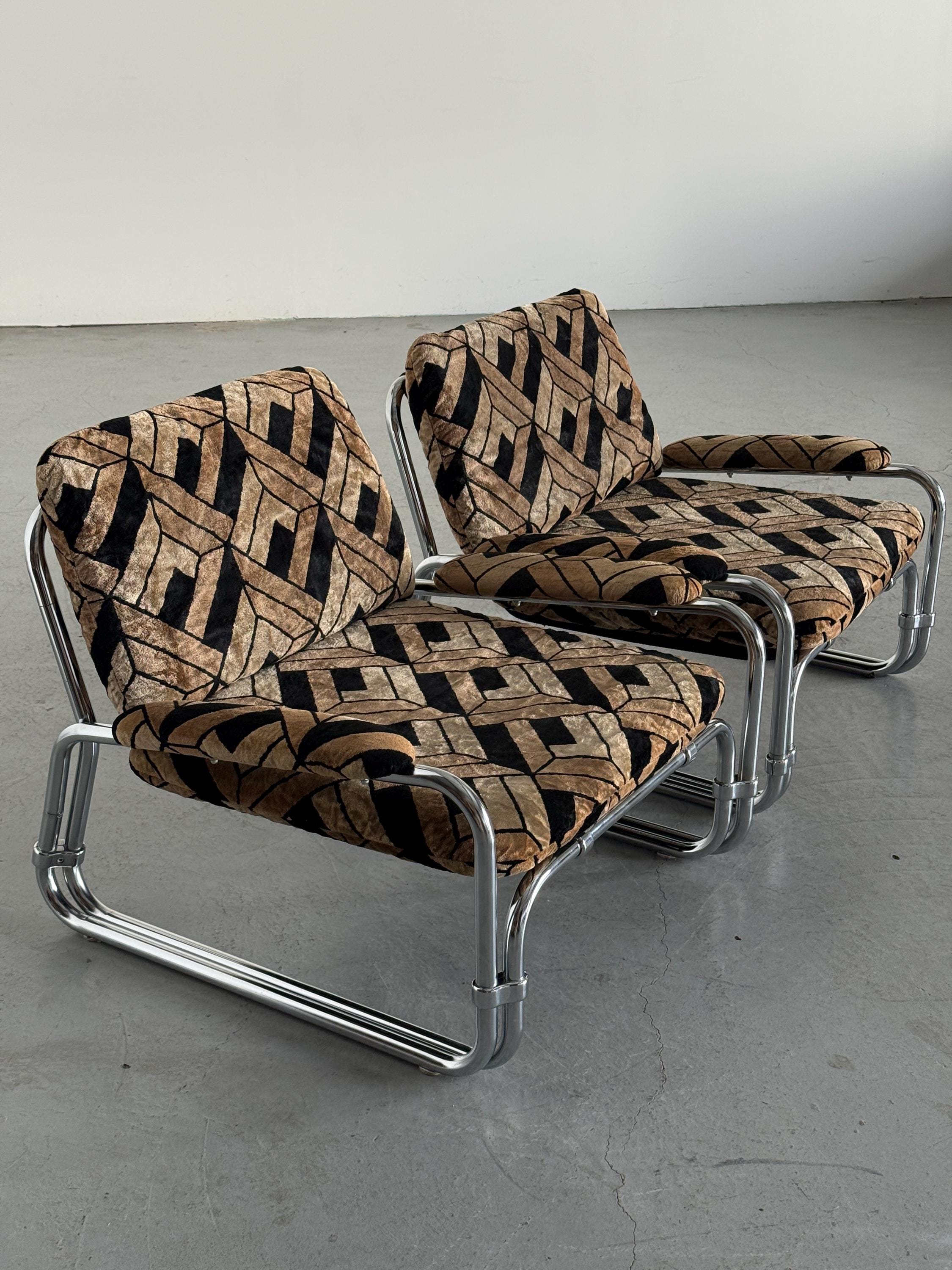 Tubular Steel Chrome Seating Set in Geometric Velvet