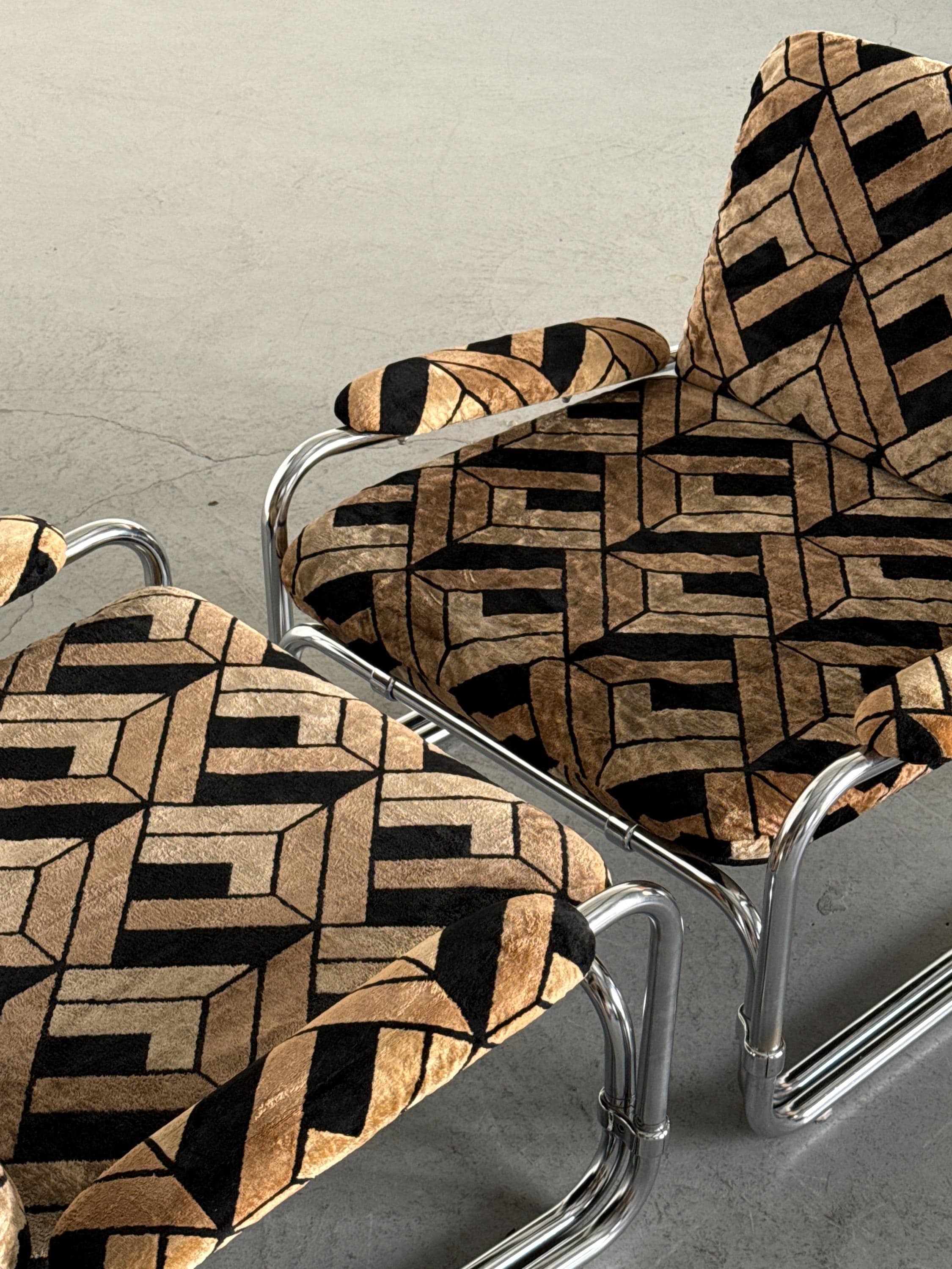 Tubular Steel Chrome Seating Set in Geometric Velvet