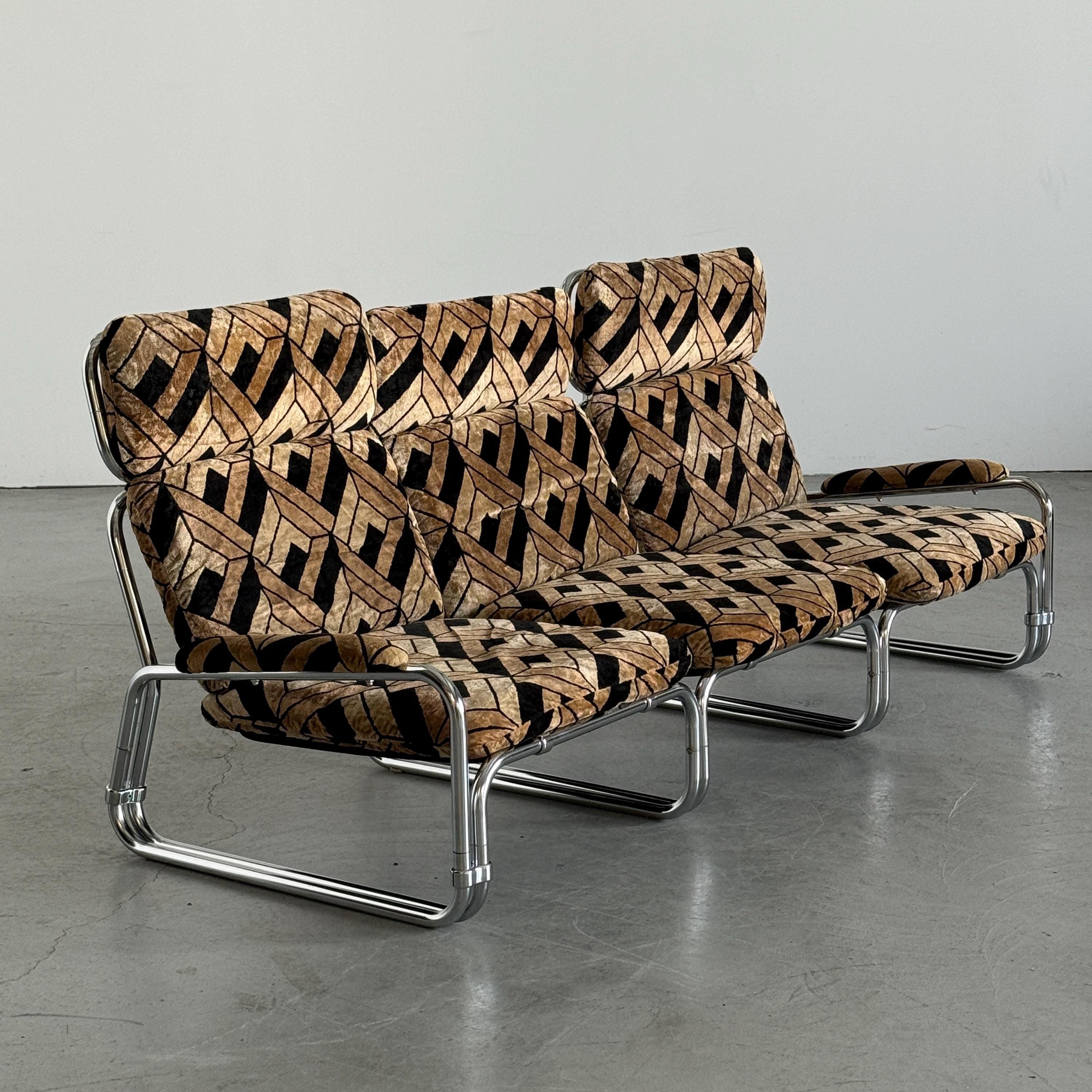 Tubular Steel Chrome Sofa in Geometric Velvet