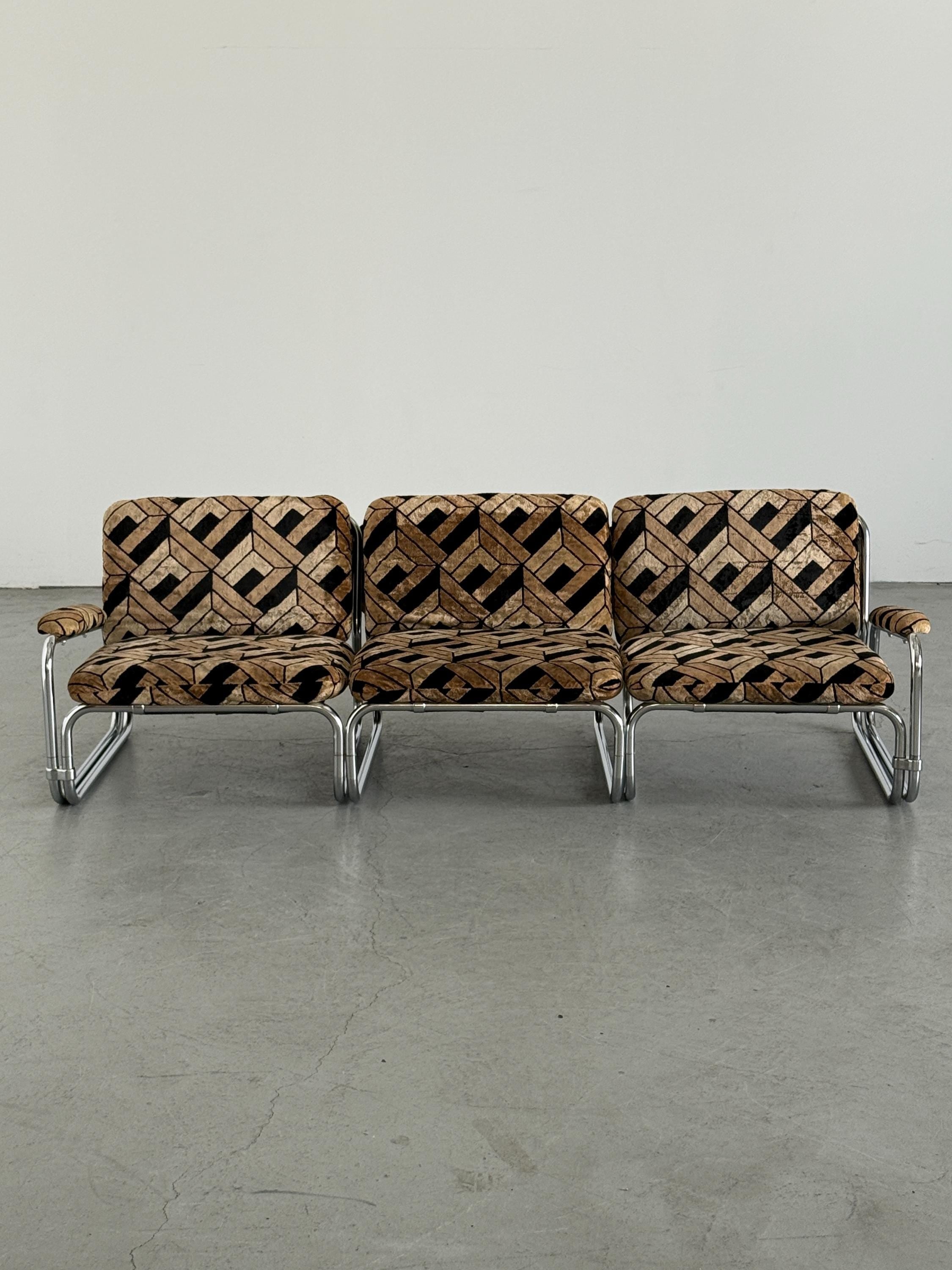 Tubular Steel Chrome Sofa in Geometric Velvet
