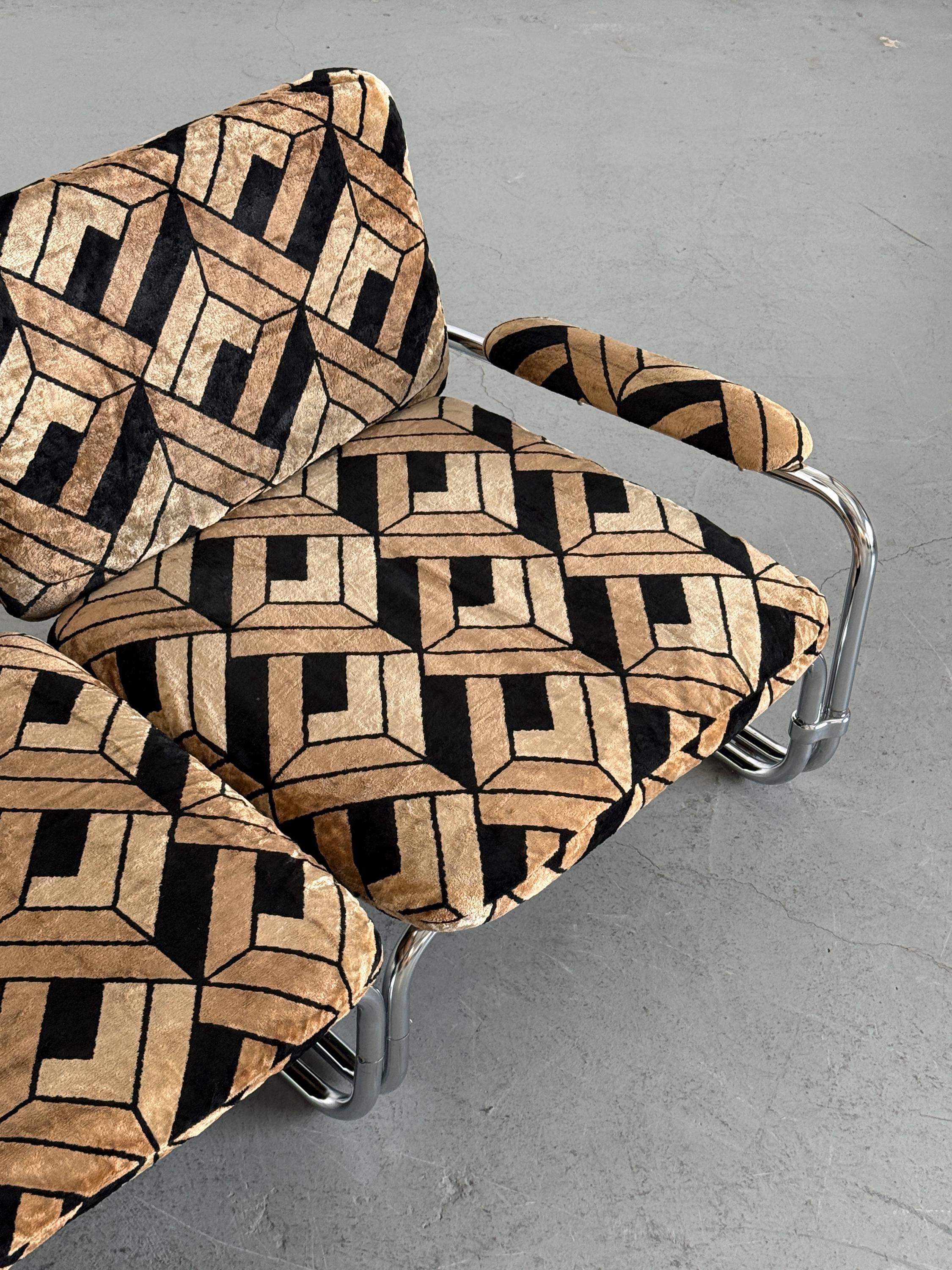 Tubular Steel Chrome Sofa in Geometric Velvet