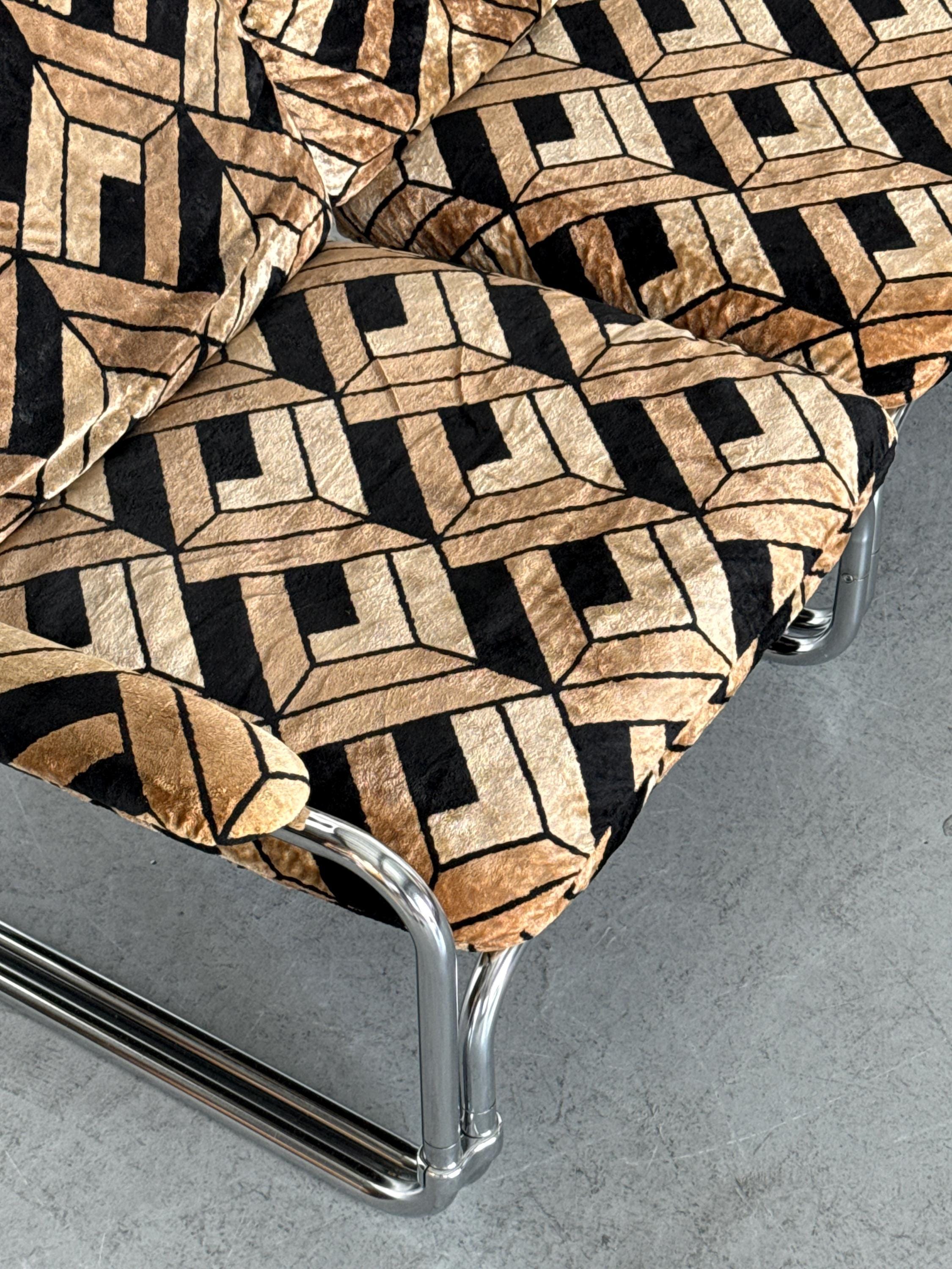 Tubular Steel Chrome Sofa in Geometric Velvet