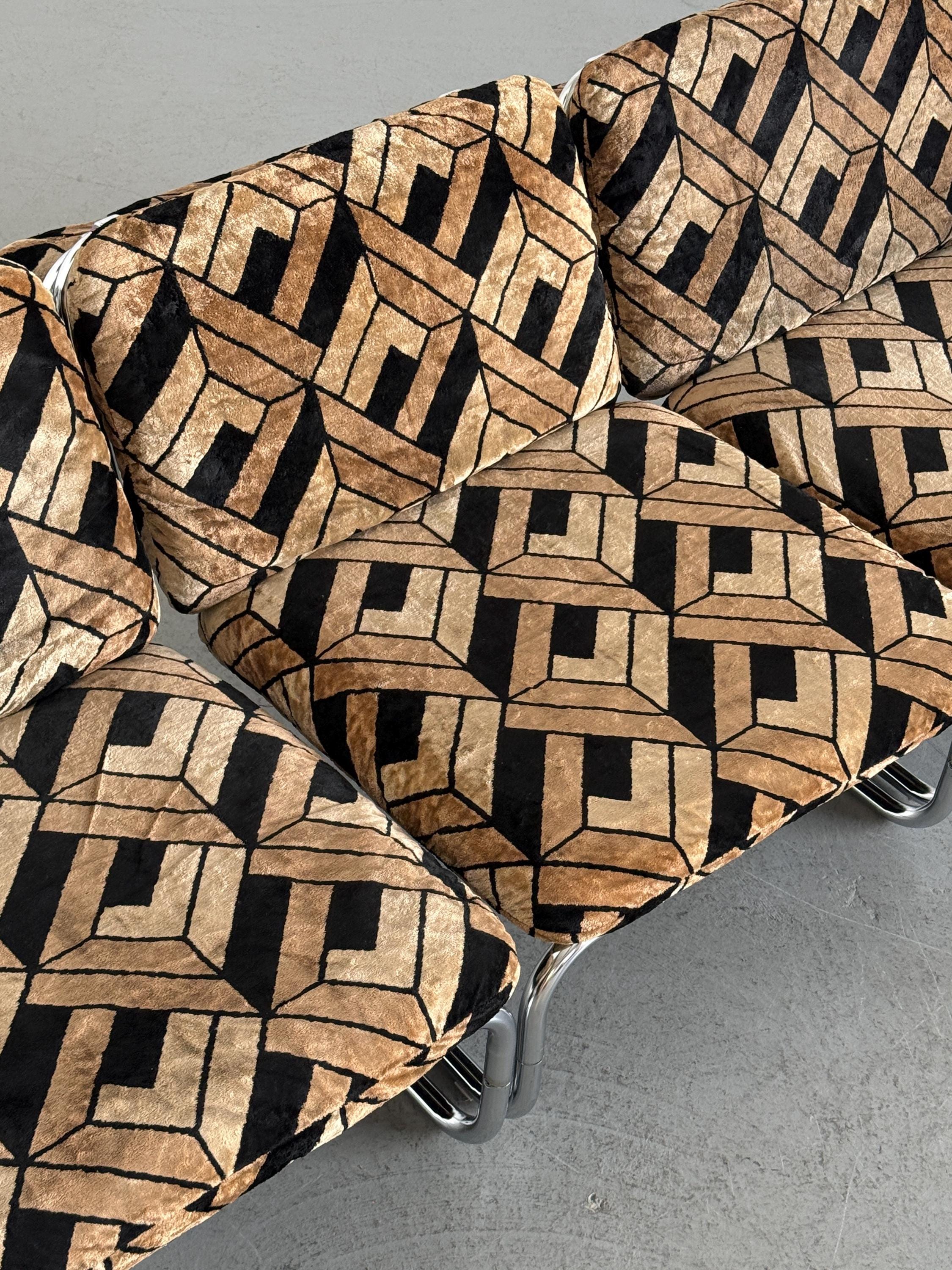 Tubular Steel Chrome Sofa in Geometric Velvet
