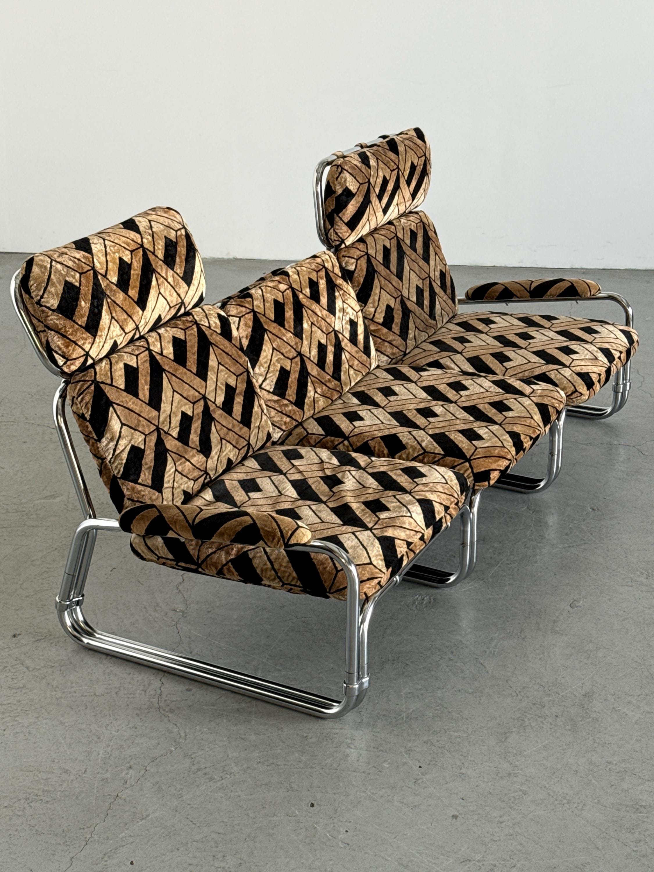 Tubular Steel Chrome Sofa in Geometric Velvet