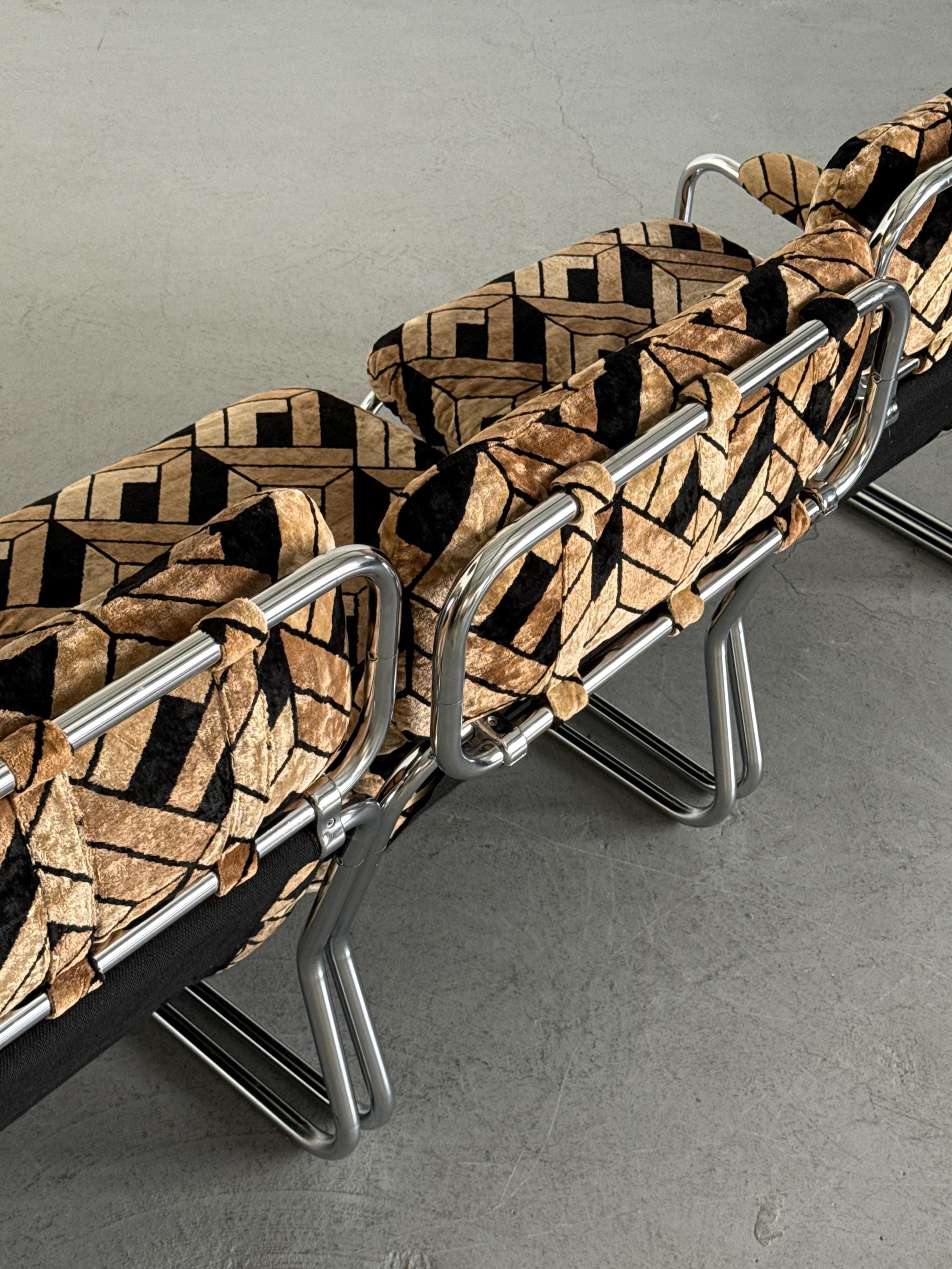 Tubular Steel Chrome Sofa in Geometric Velvet