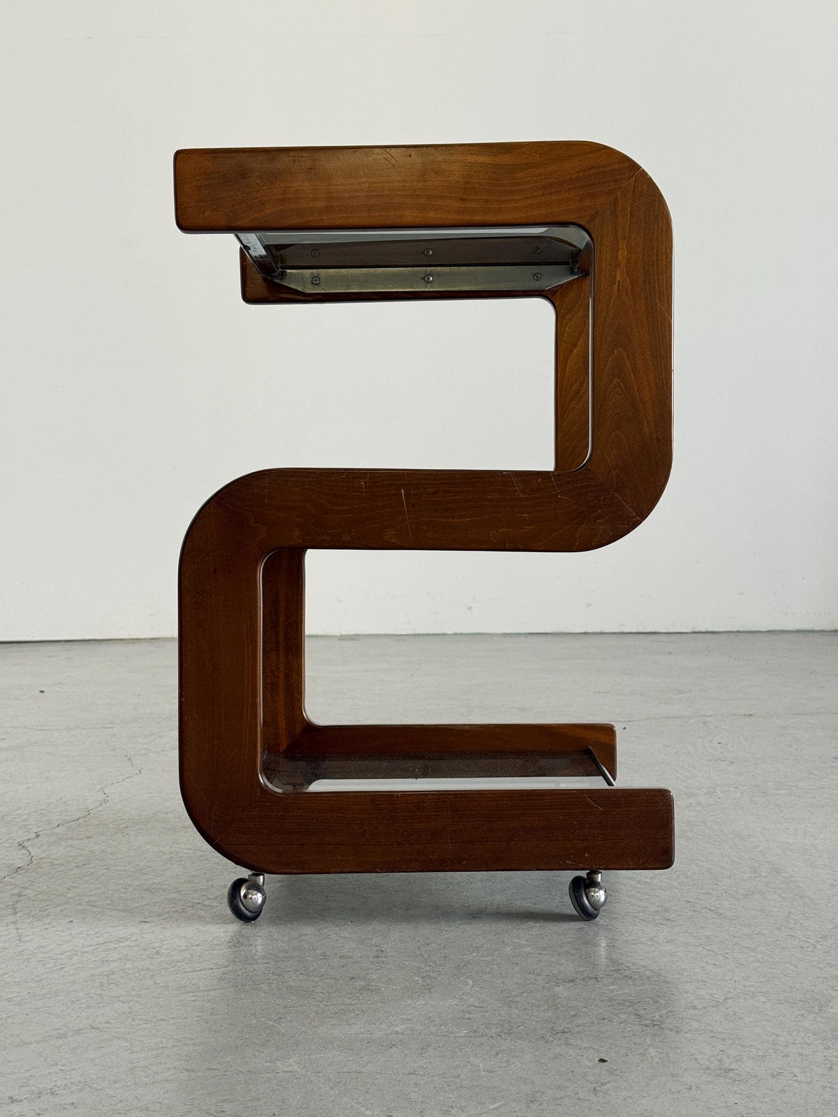 Smoked Glass Serving Trolley with Sculpted Wood Frame