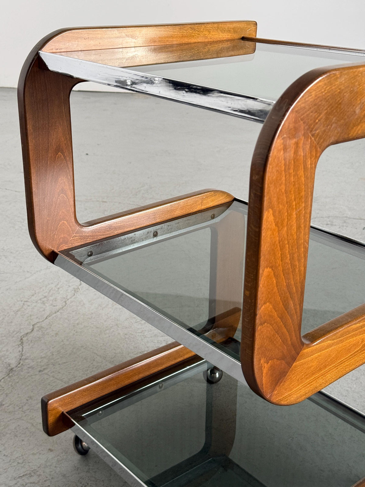 Smoked Glass Serving Trolley with Sculpted Wood Frame