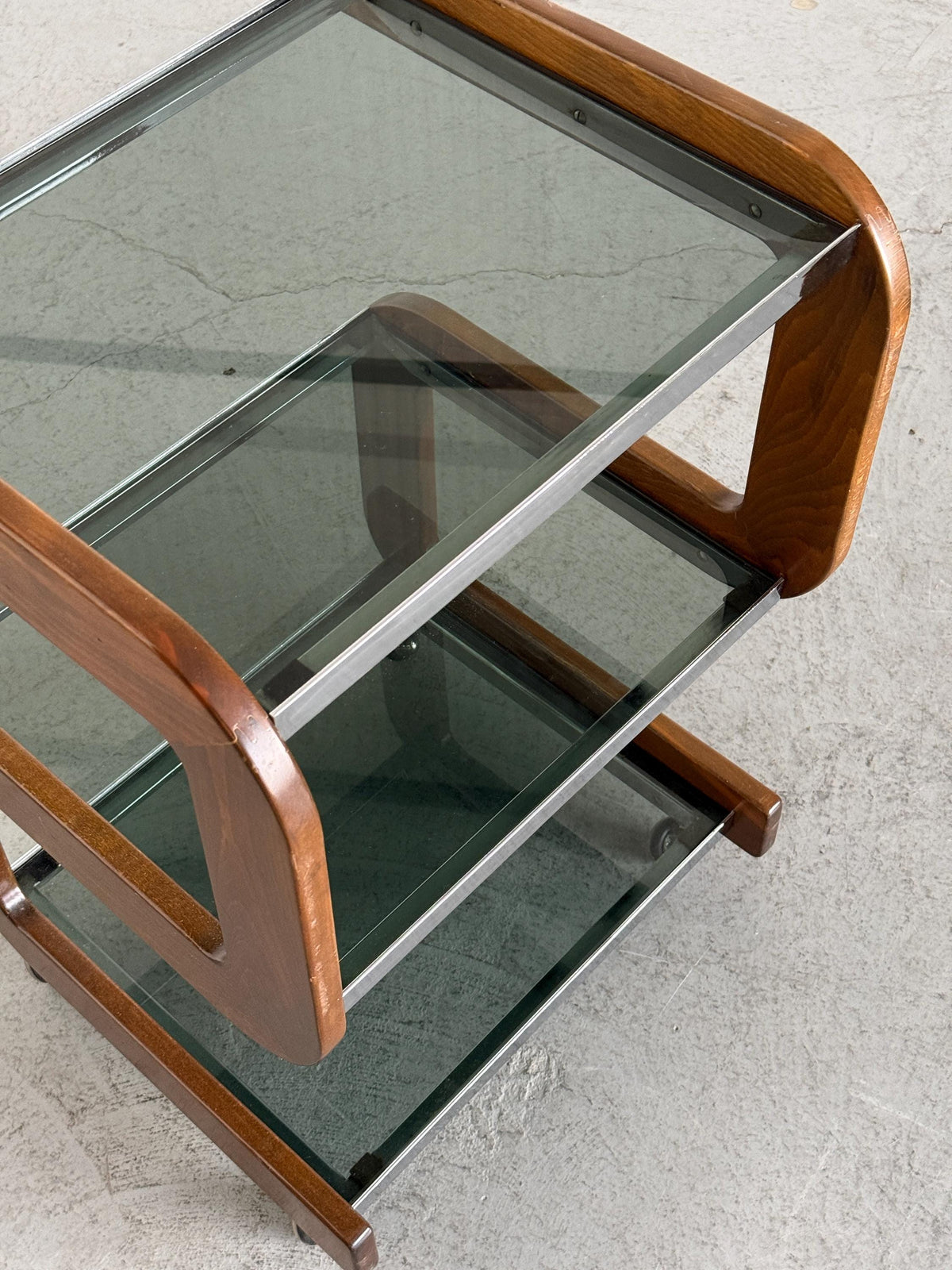 Smoked Glass Serving Trolley with Sculpted Wood Frame