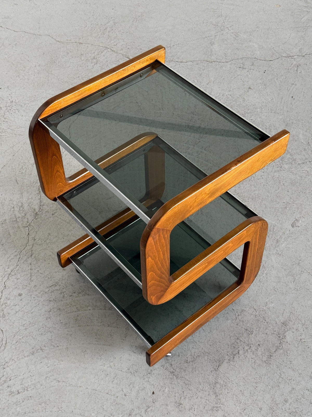 Smoked Glass Serving Trolley with Sculpted Wood Frame