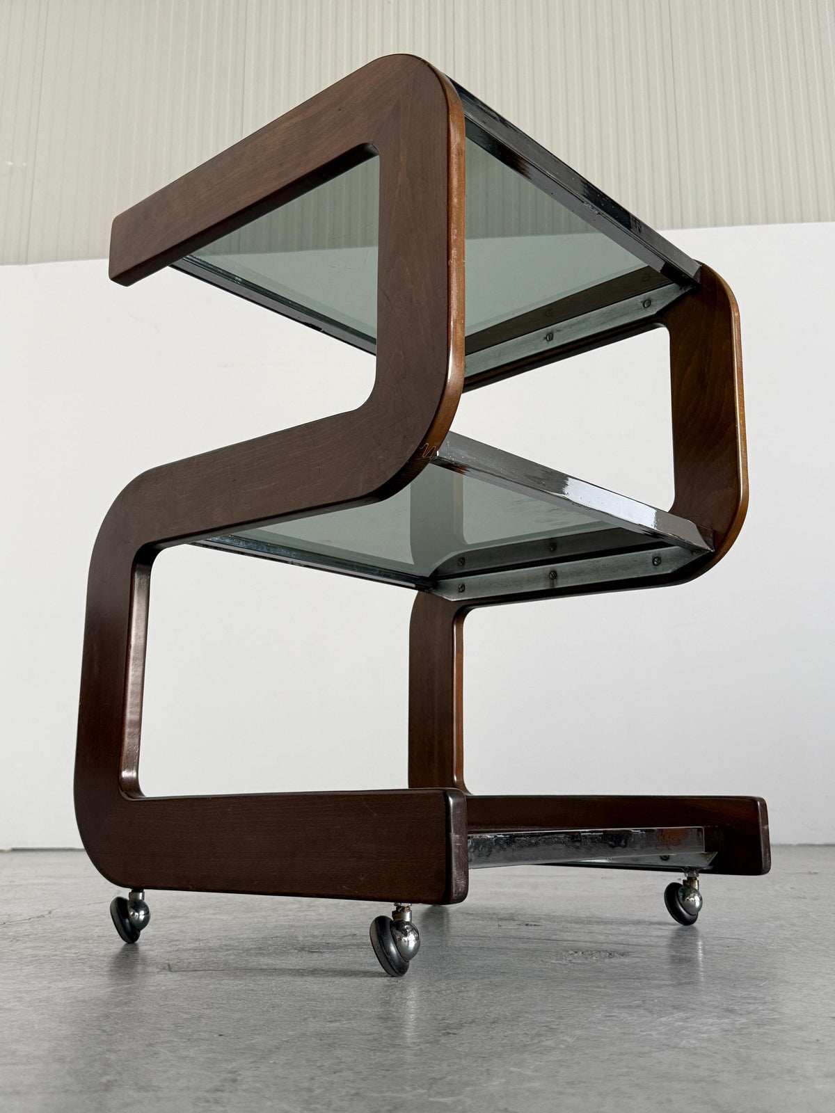 Smoked Glass Serving Trolley with Sculpted Wood Frame