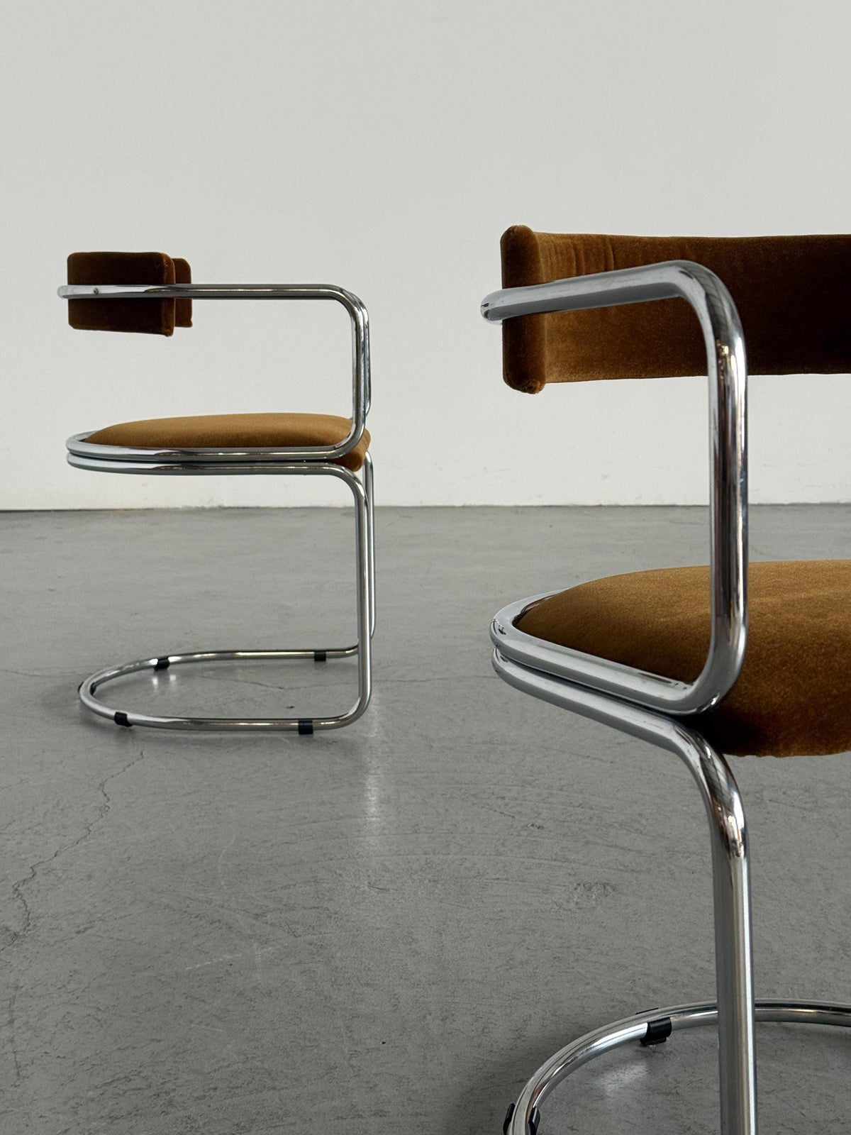 Tubular Chrome Armchairs with Caramel-Brown Mohair