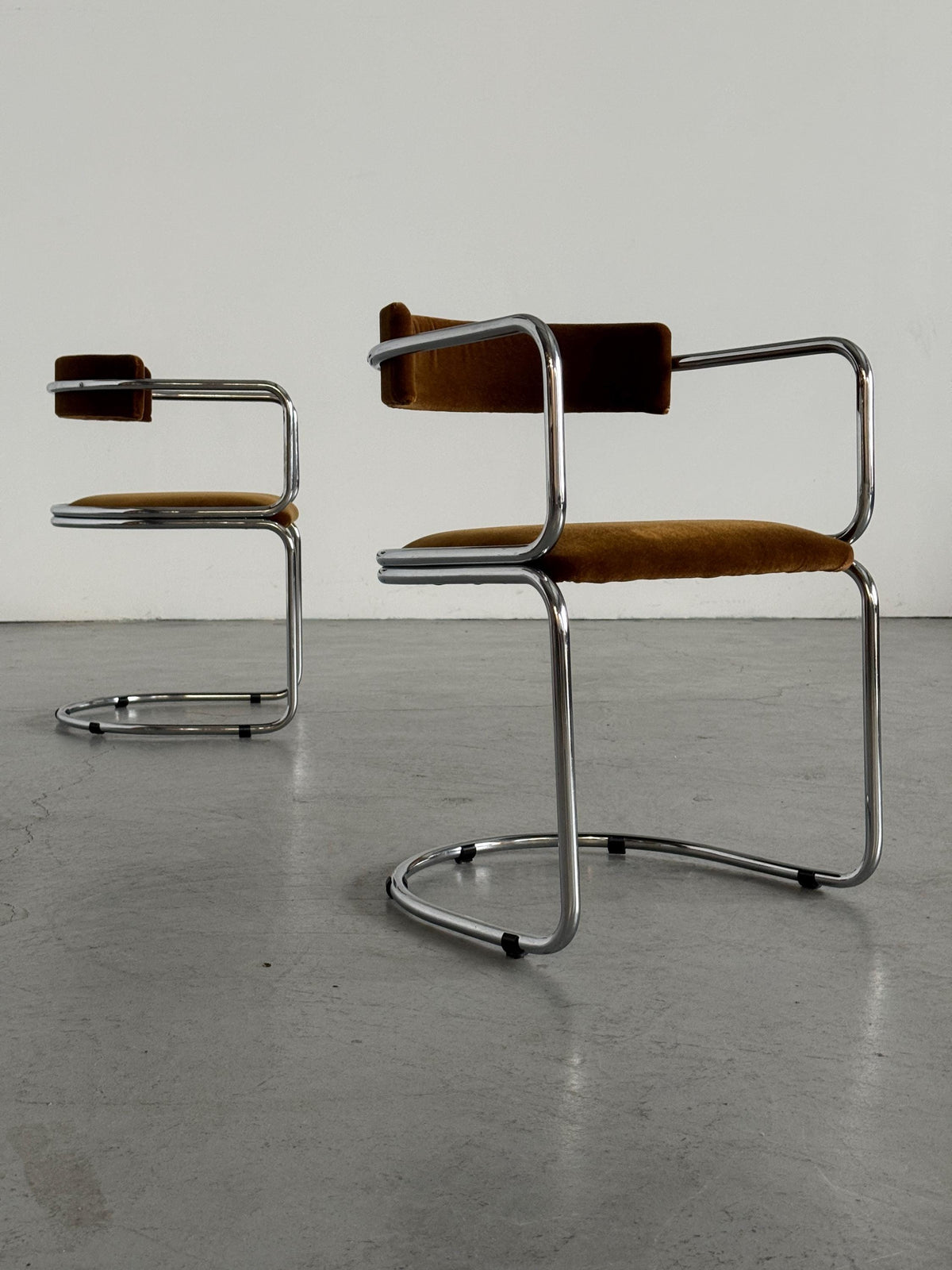 Tubular Chrome Armchairs with Caramel-Brown Mohair