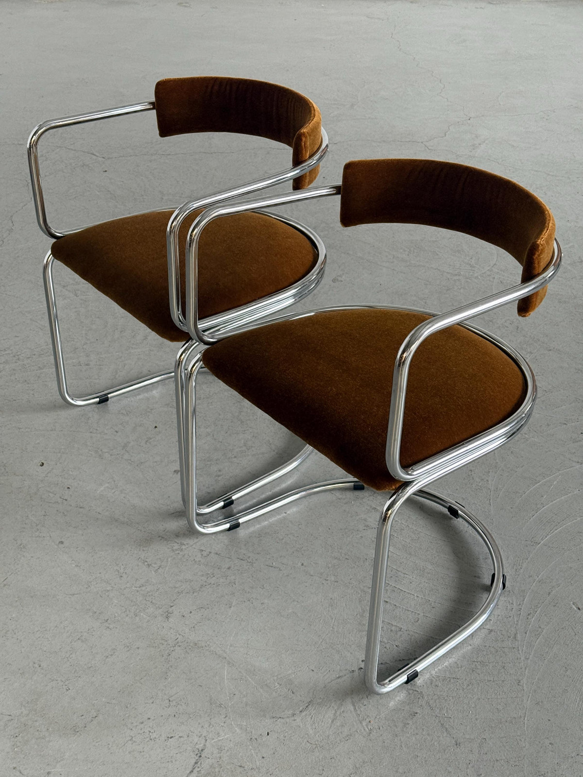 Tubular Chrome Armchairs with Caramel-Brown Mohair