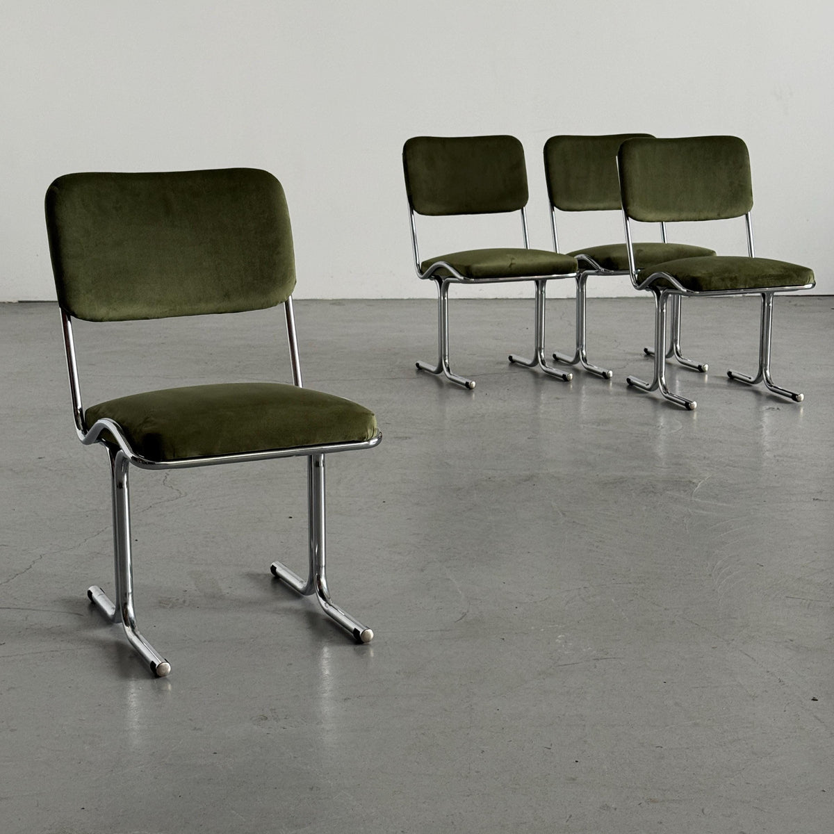 Olive Velvet and Tubular Chrome Cantilever Chairs