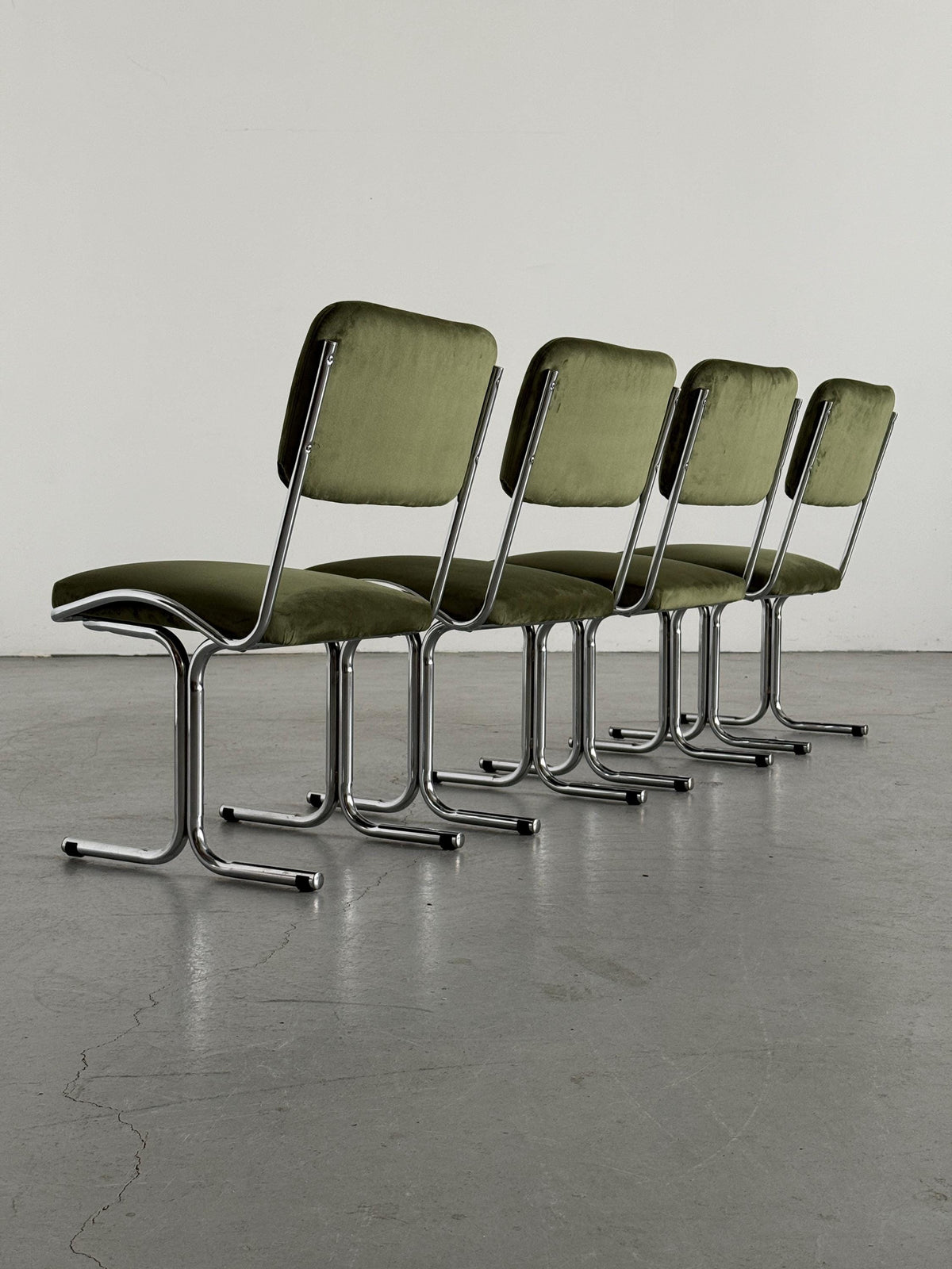 Olive Velvet and Tubular Chrome Cantilever Chairs