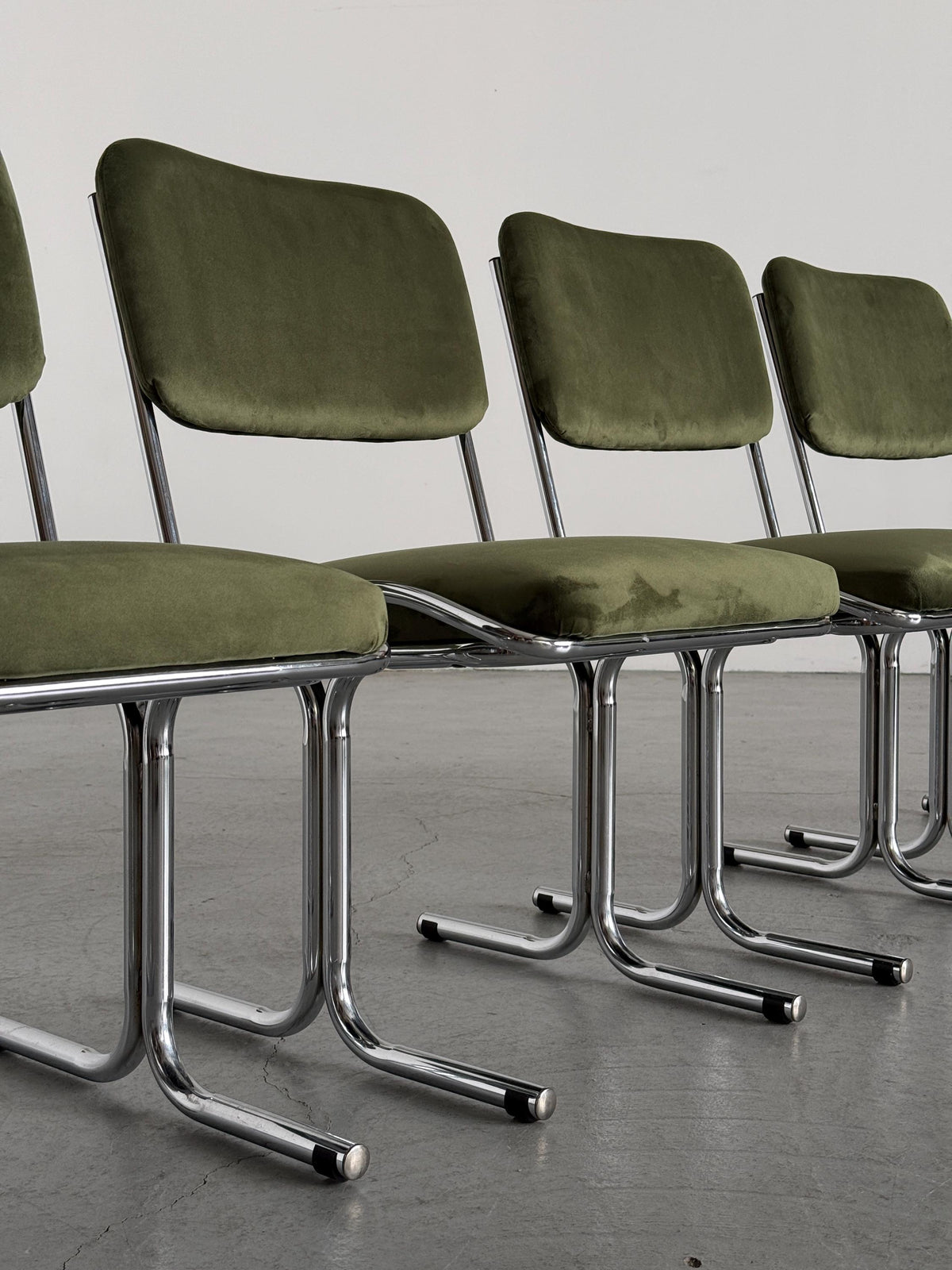 Olive Velvet and Tubular Chrome Cantilever Chairs