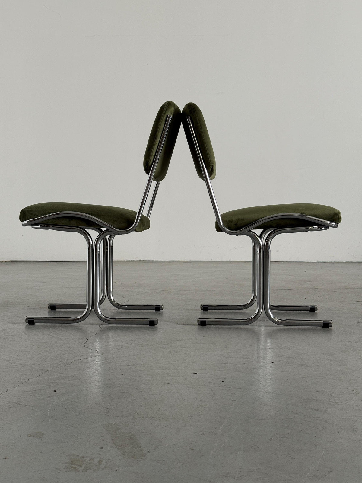 Olive Velvet and Tubular Chrome Cantilever Chairs