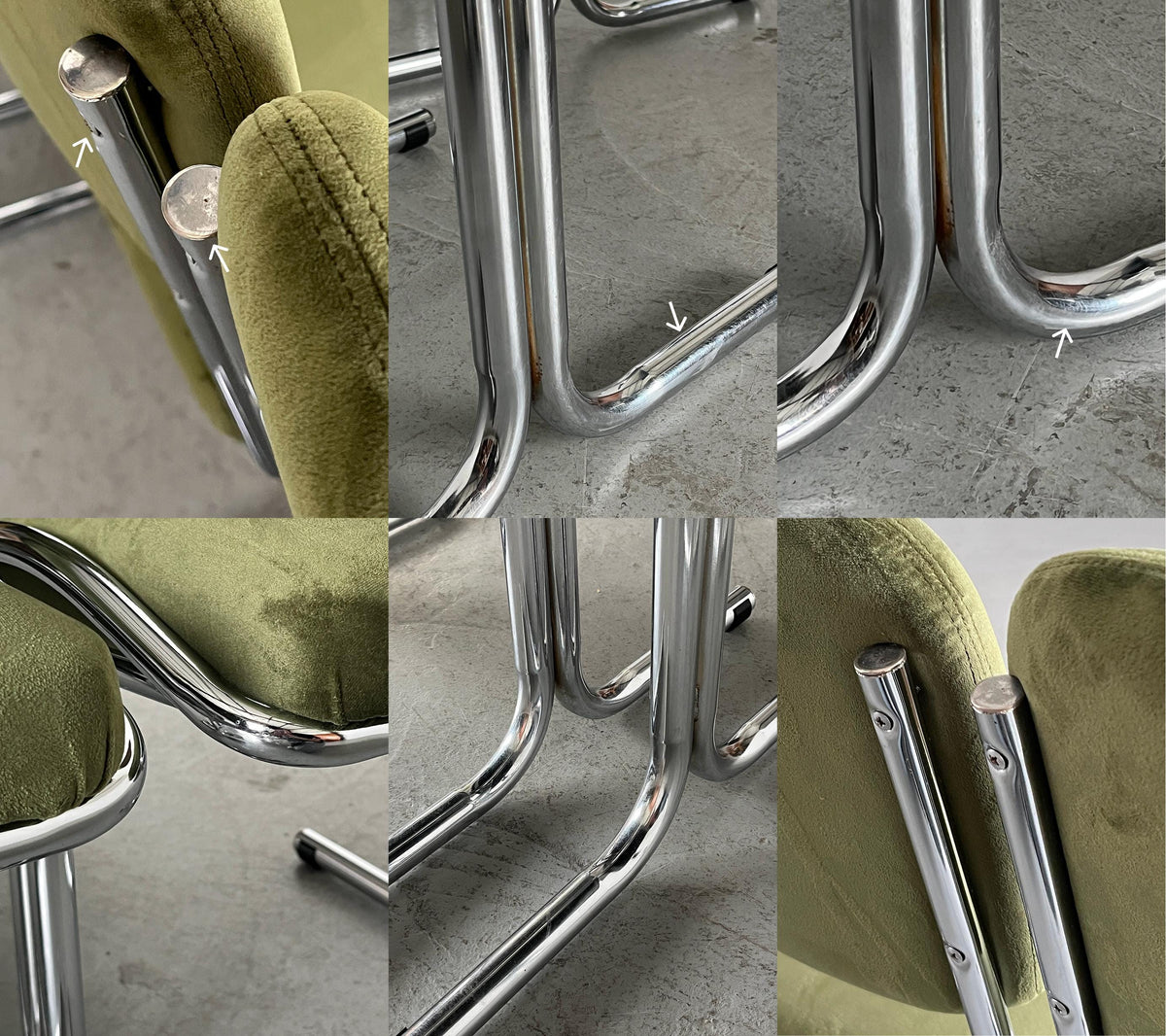 Olive Velvet and Tubular Chrome Cantilever Chairs