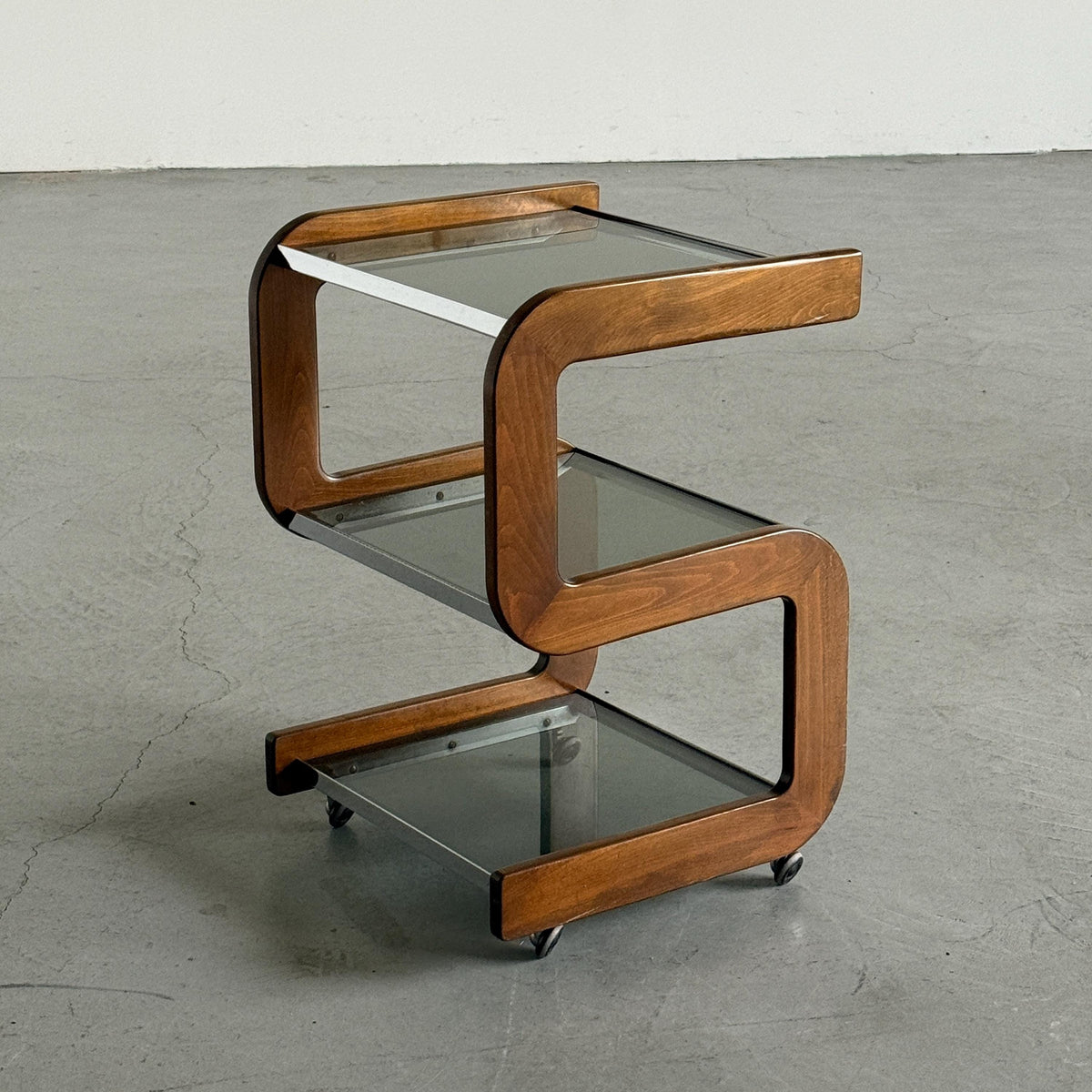 Smoked Glass Serving Trolley with Sculpted Wood Frame