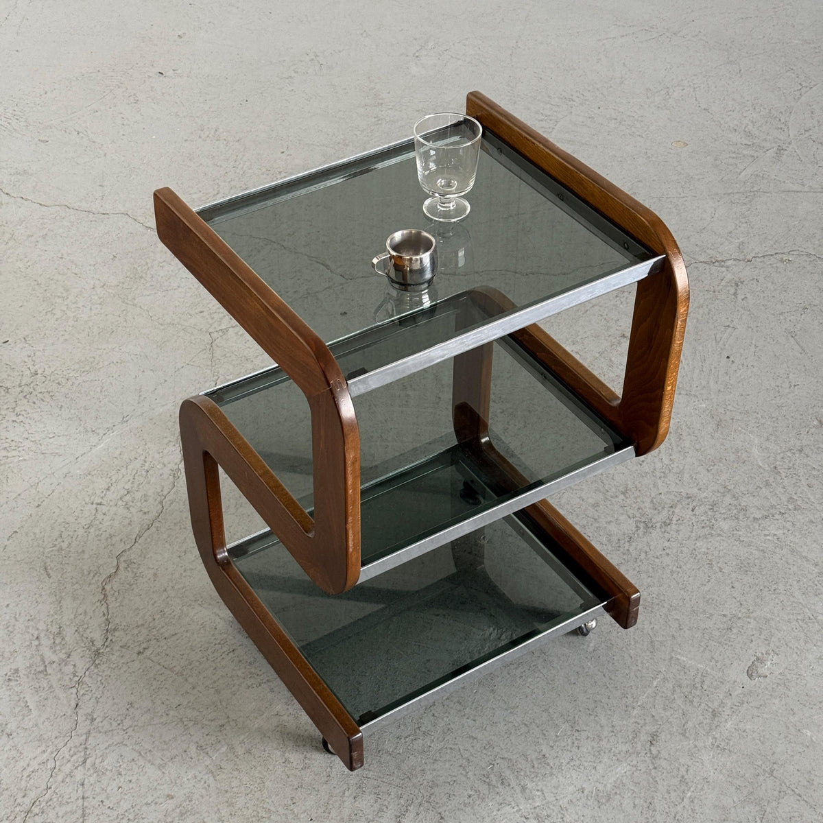 Smoked Glass Serving Trolley with Sculpted Wood Frame