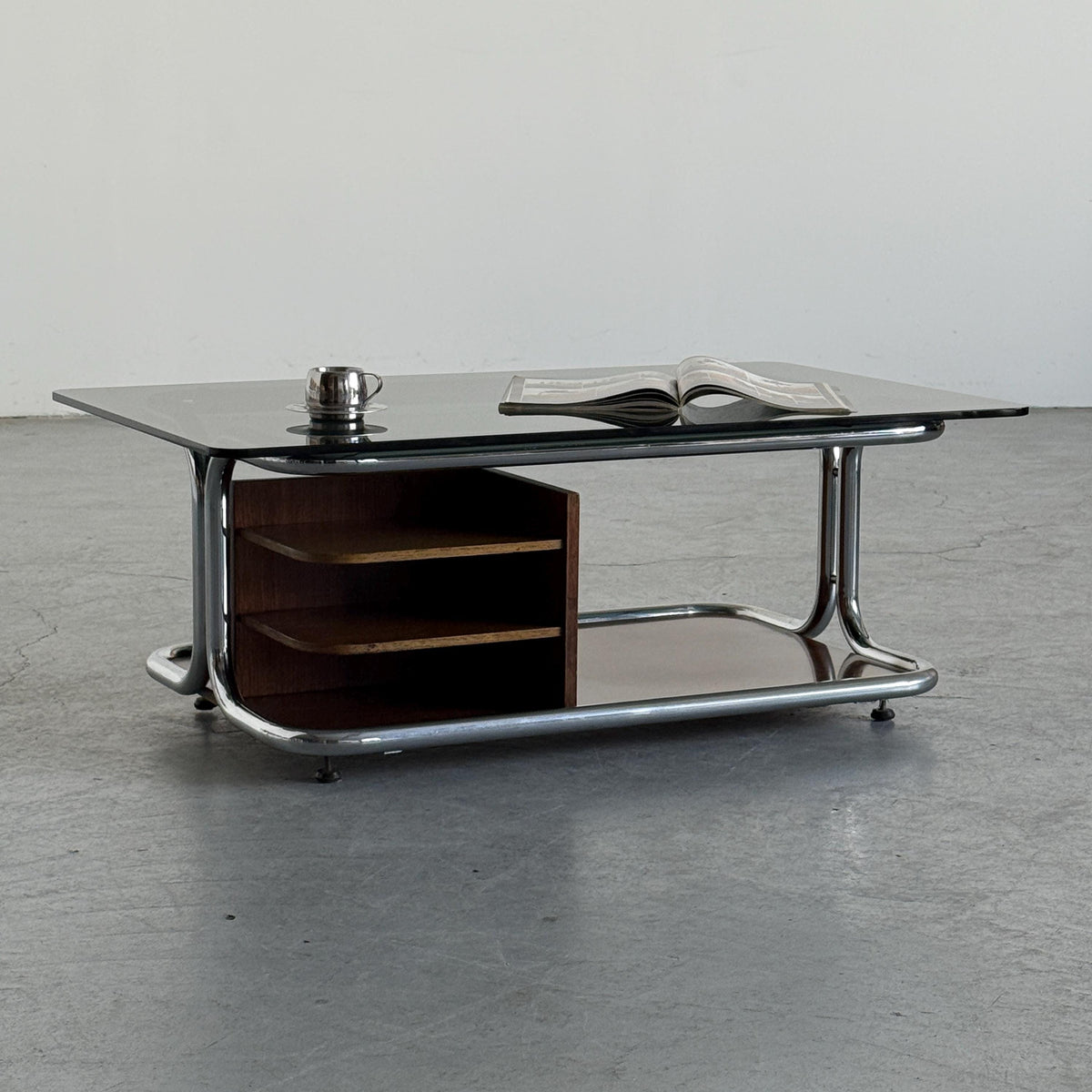 Chrome, Smoked Glass & Wood Coffee Table