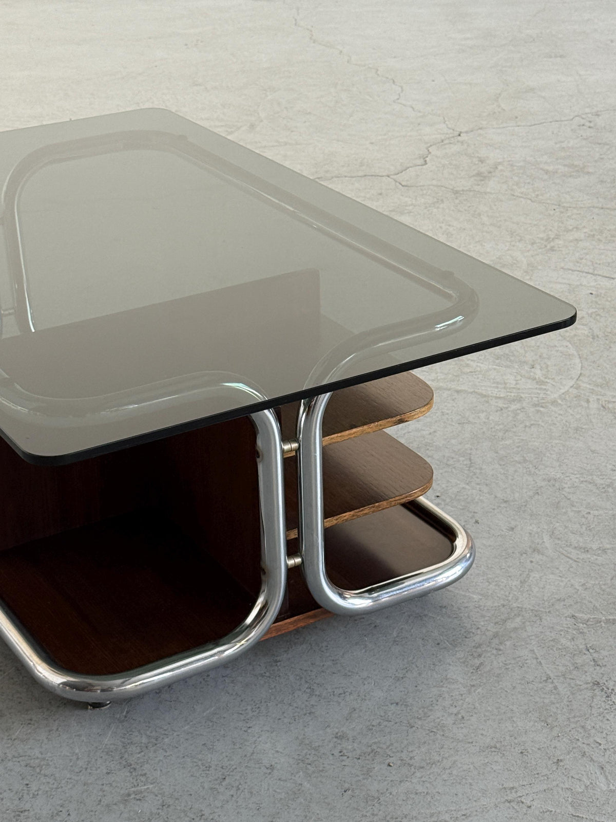 Chrome, Smoked Glass & Wood Coffee Table