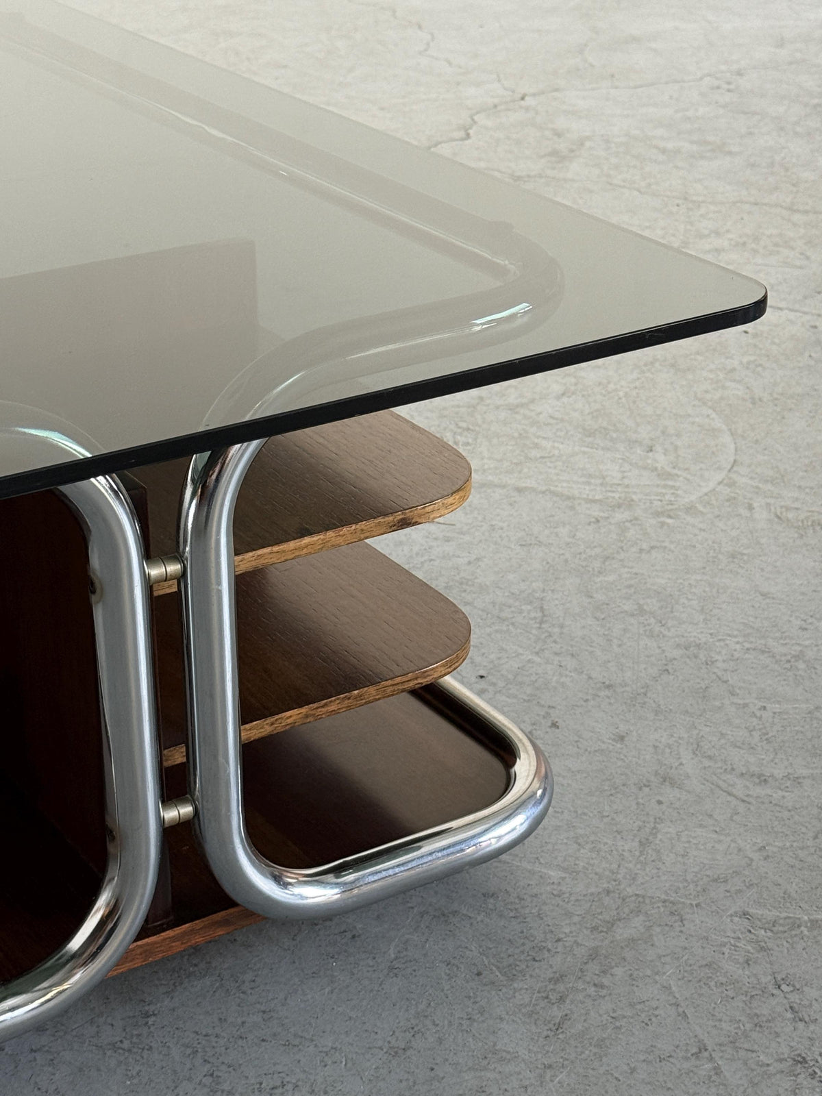 Chrome, Smoked Glass & Wood Coffee Table