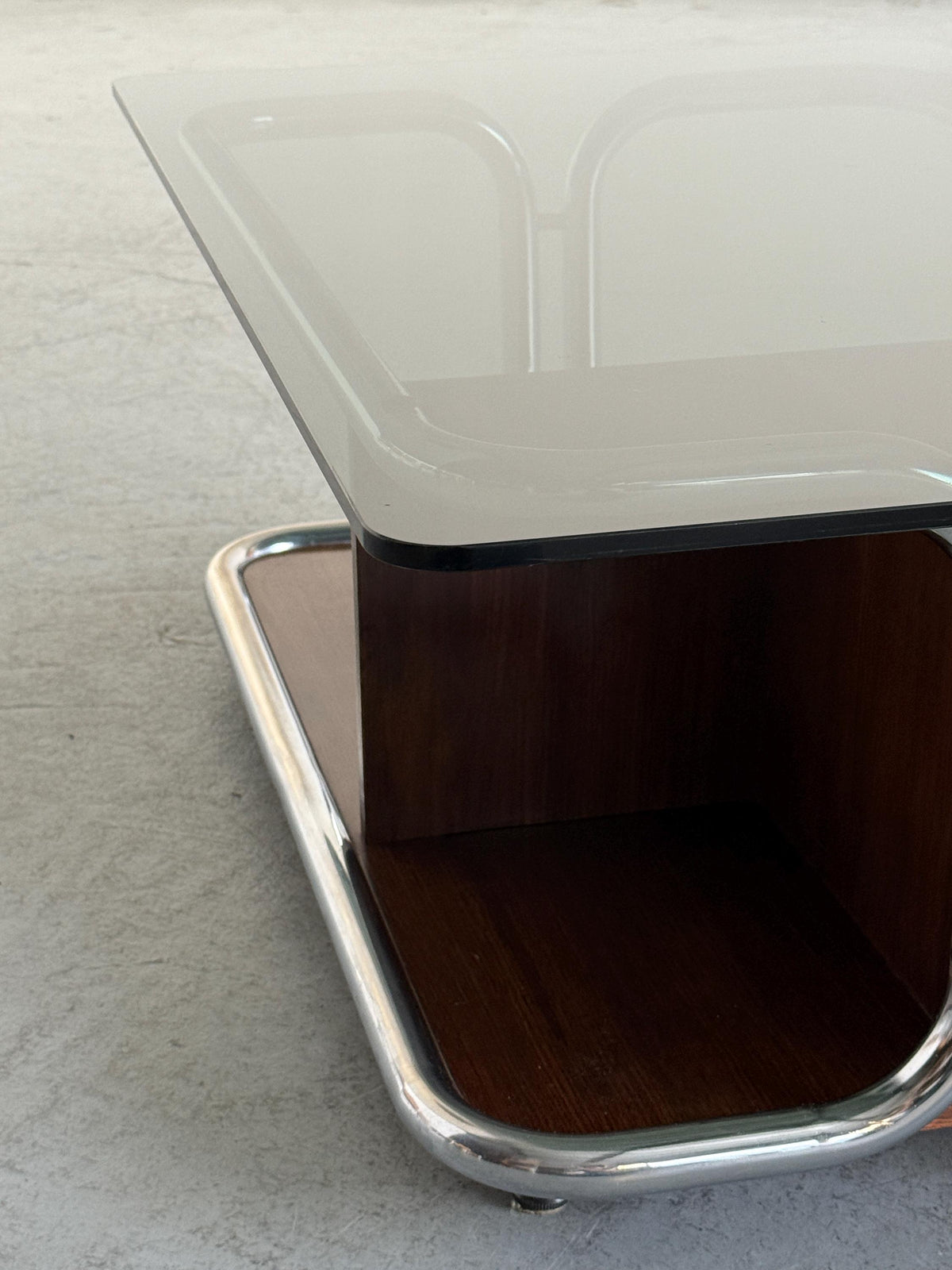 Chrome, Smoked Glass & Wood Coffee Table