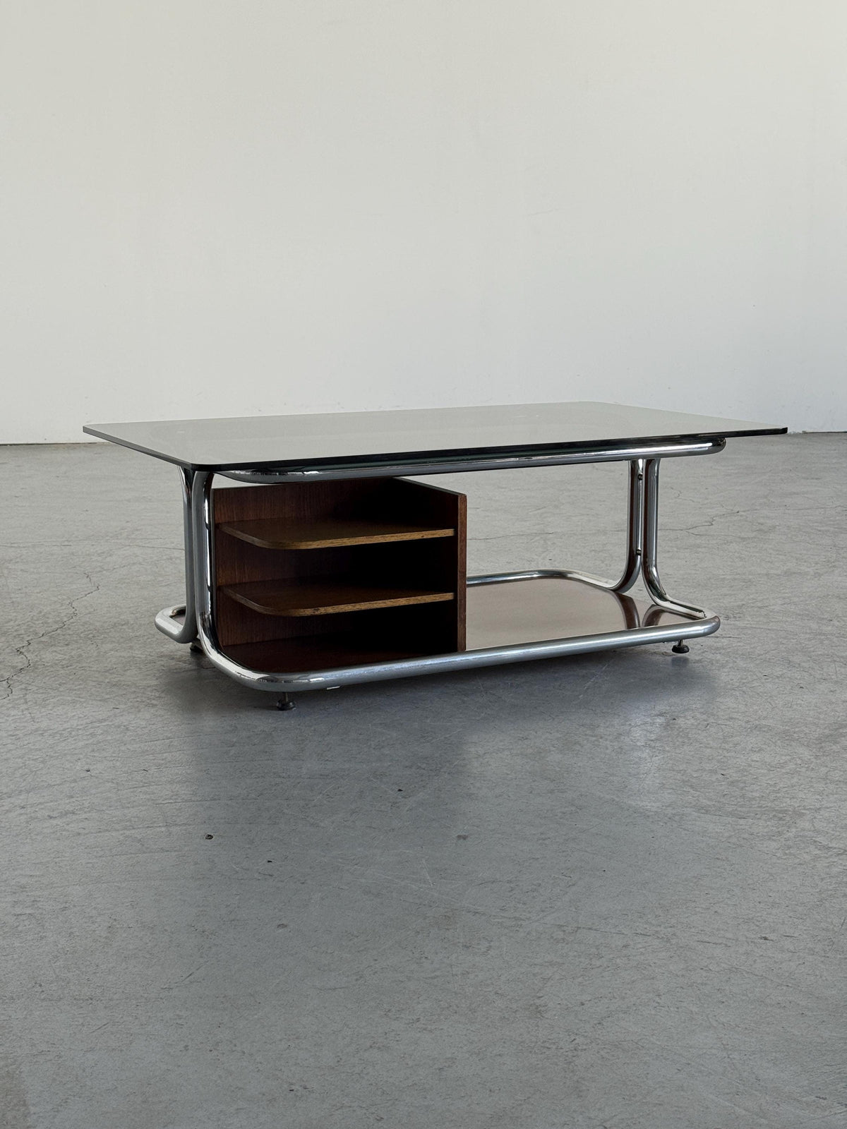Chrome, Smoked Glass & Wood Coffee Table