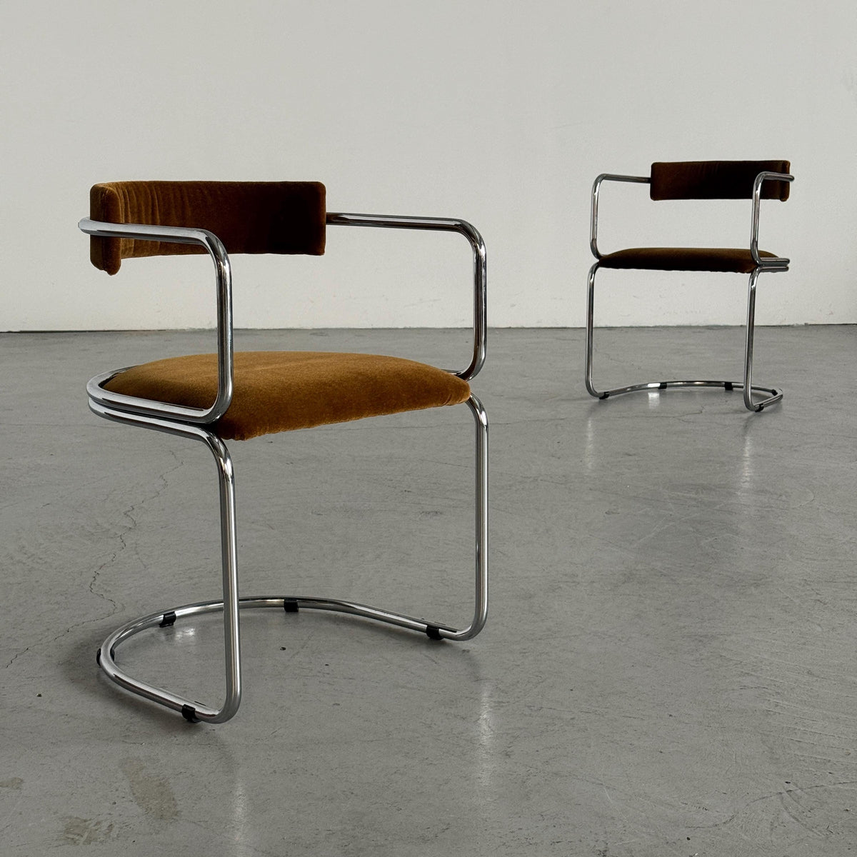 Tubular Chrome Armchairs with Caramel-Brown Mohair