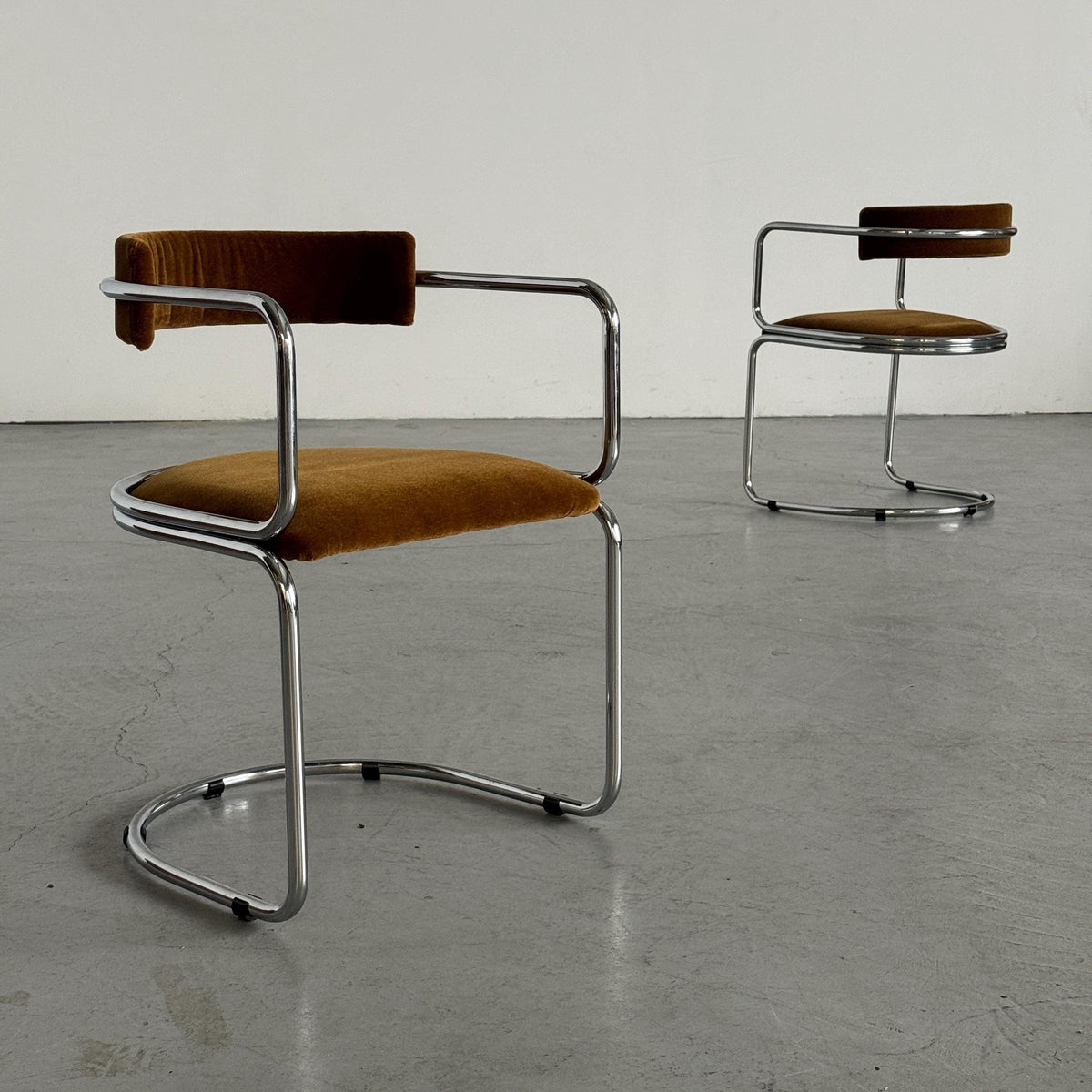 Tubular Chrome Armchairs with Caramel-Brown Mohair