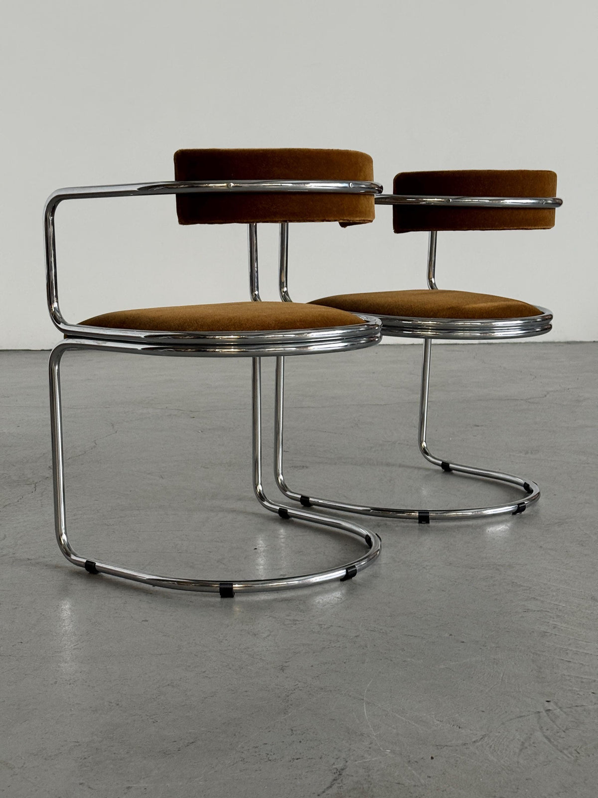 Tubular Chrome Armchairs with Caramel-Brown Mohair
