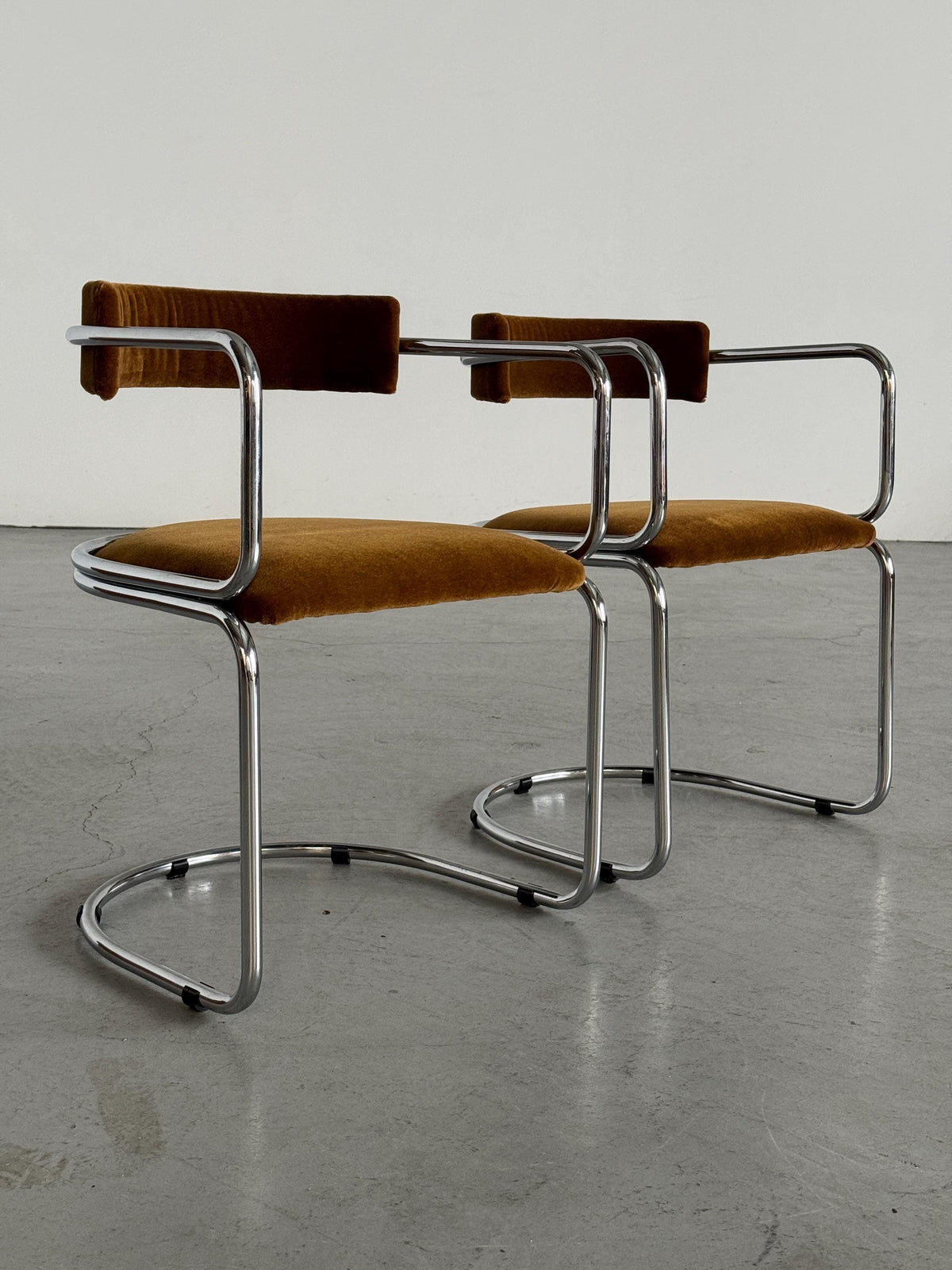 Tubular Chrome Armchairs with Caramel-Brown Mohair