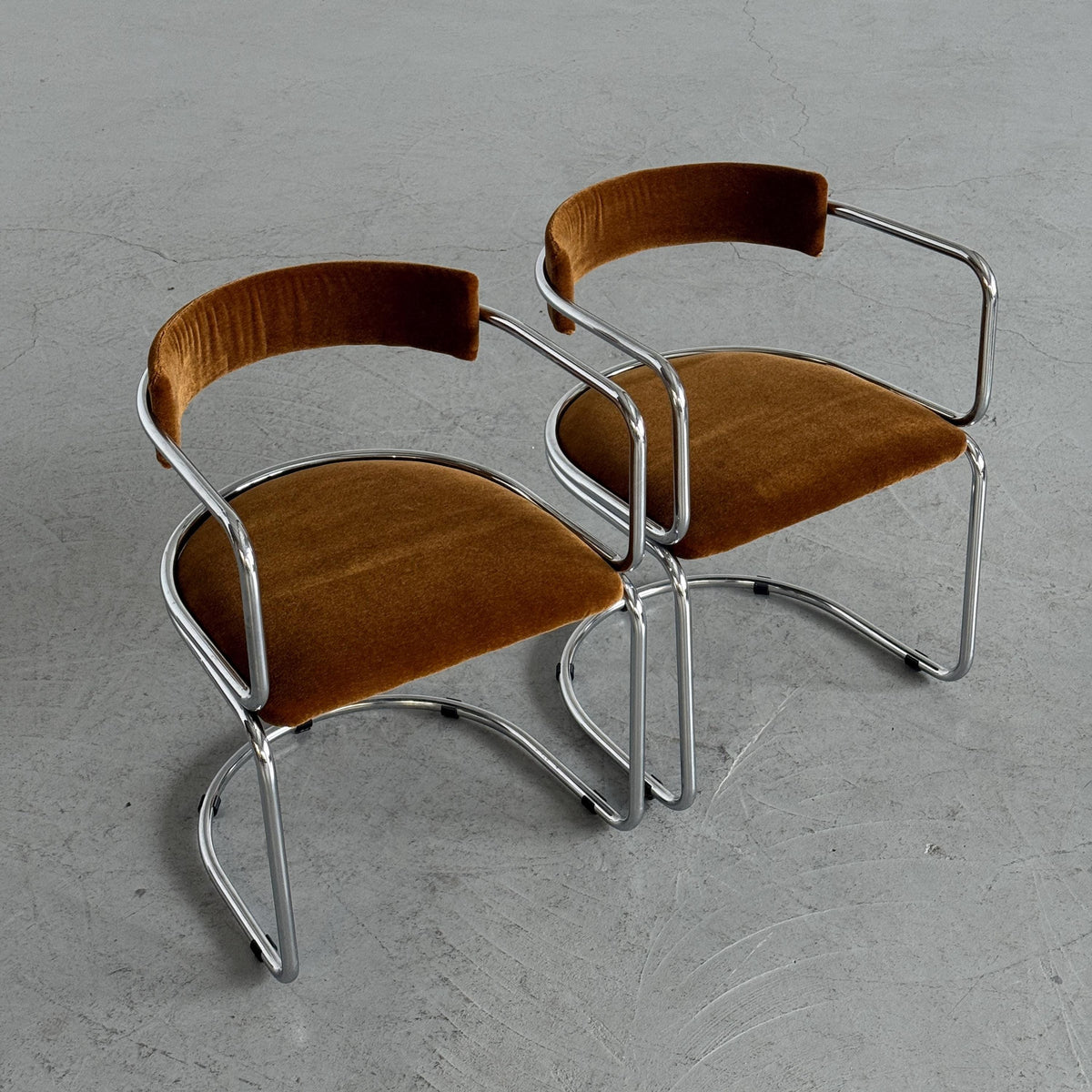Tubular Chrome Armchairs with Caramel-Brown Mohair