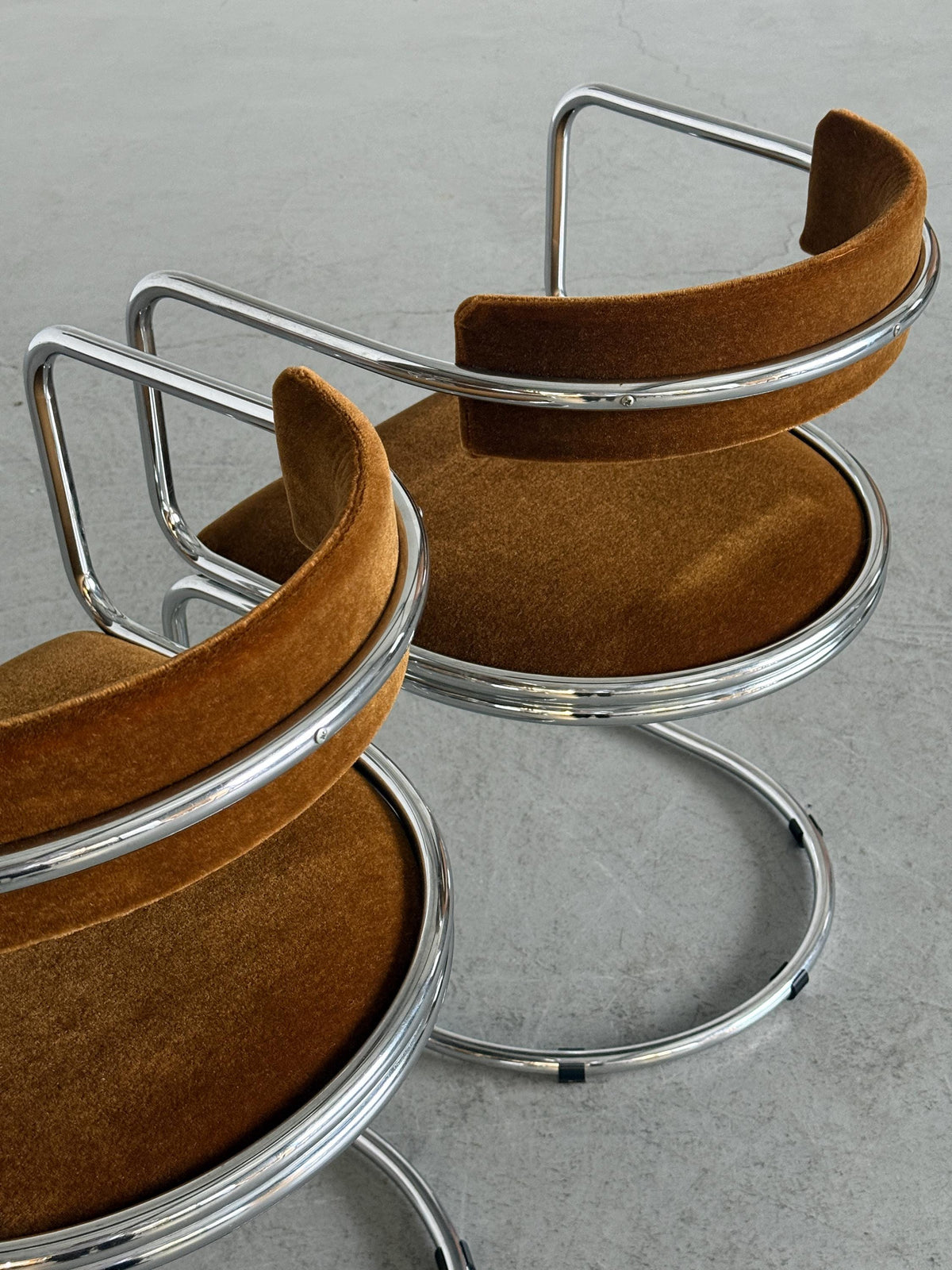 Tubular Chrome Armchairs with Caramel-Brown Mohair