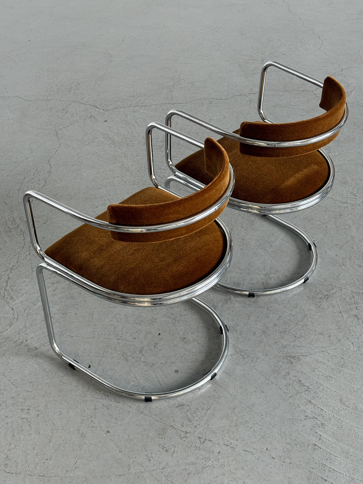 Tubular Chrome Armchairs with Caramel-Brown Mohair