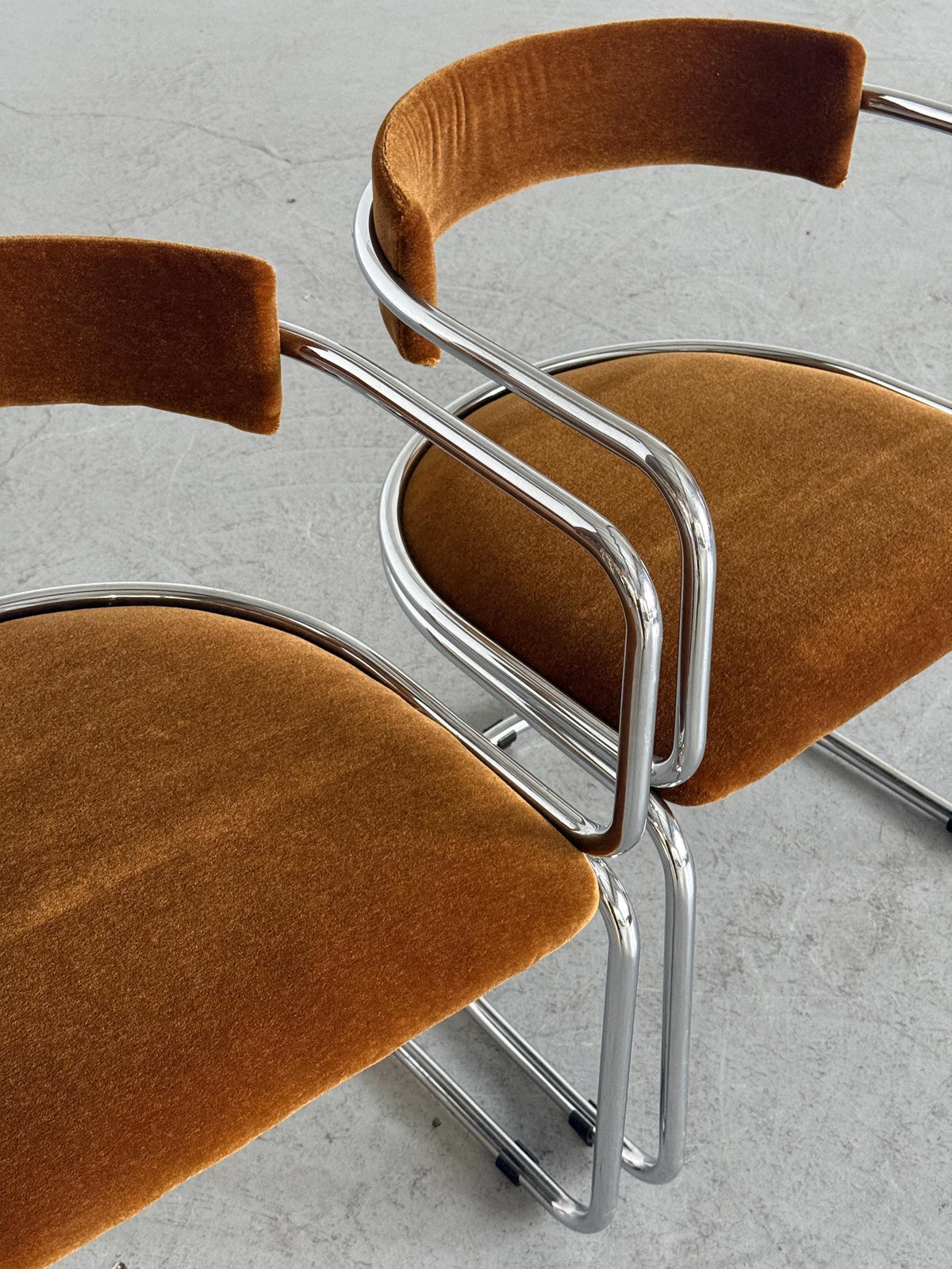 Tubular Chrome Armchairs with Caramel-Brown Mohair
