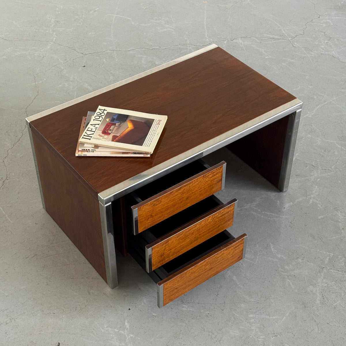 Wood and Chrome Three-Drawer Side Table
