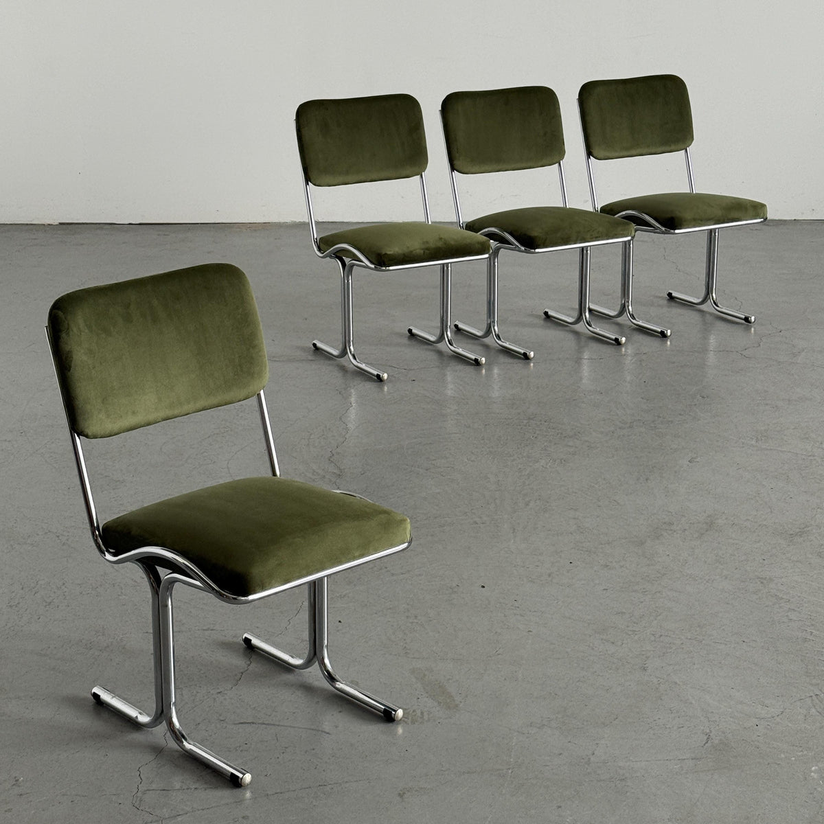 Olive Velvet and Tubular Chrome Cantilever Chairs