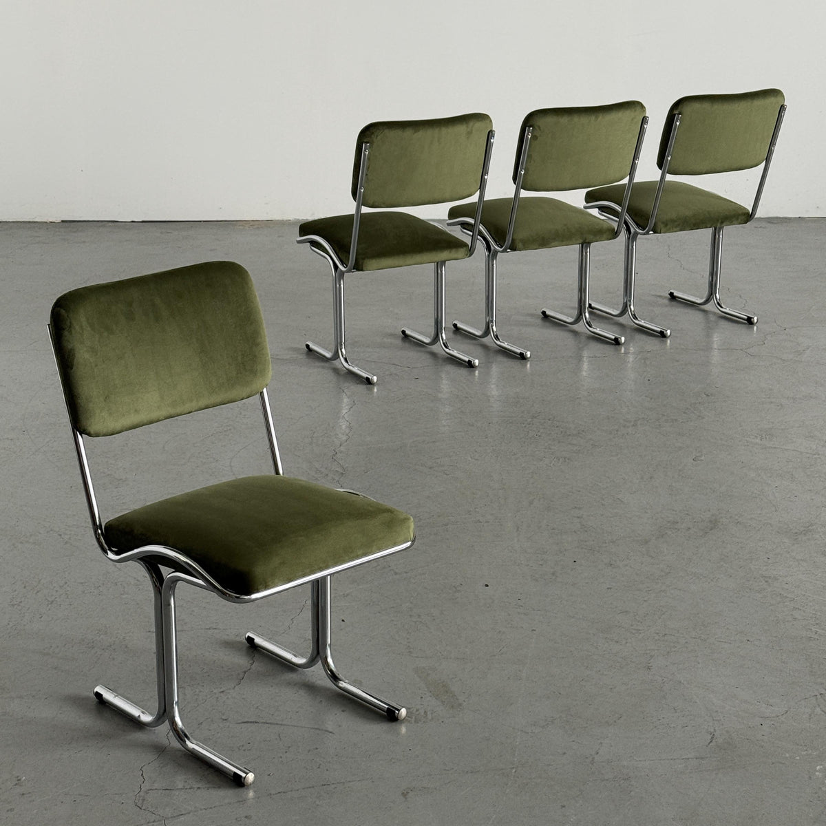 Olive Velvet and Tubular Chrome Cantilever Chairs