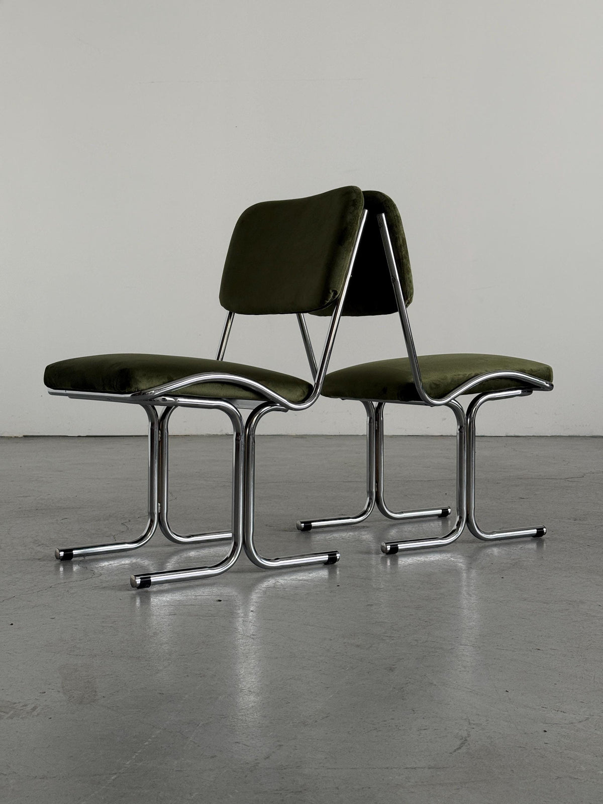 Olive Velvet and Tubular Chrome Cantilever Chairs