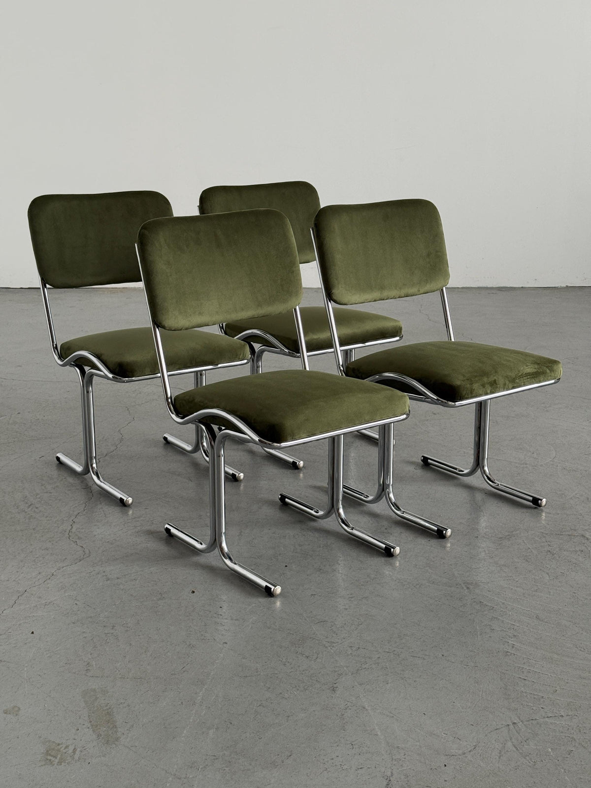 Olive Velvet and Tubular Chrome Cantilever Chairs