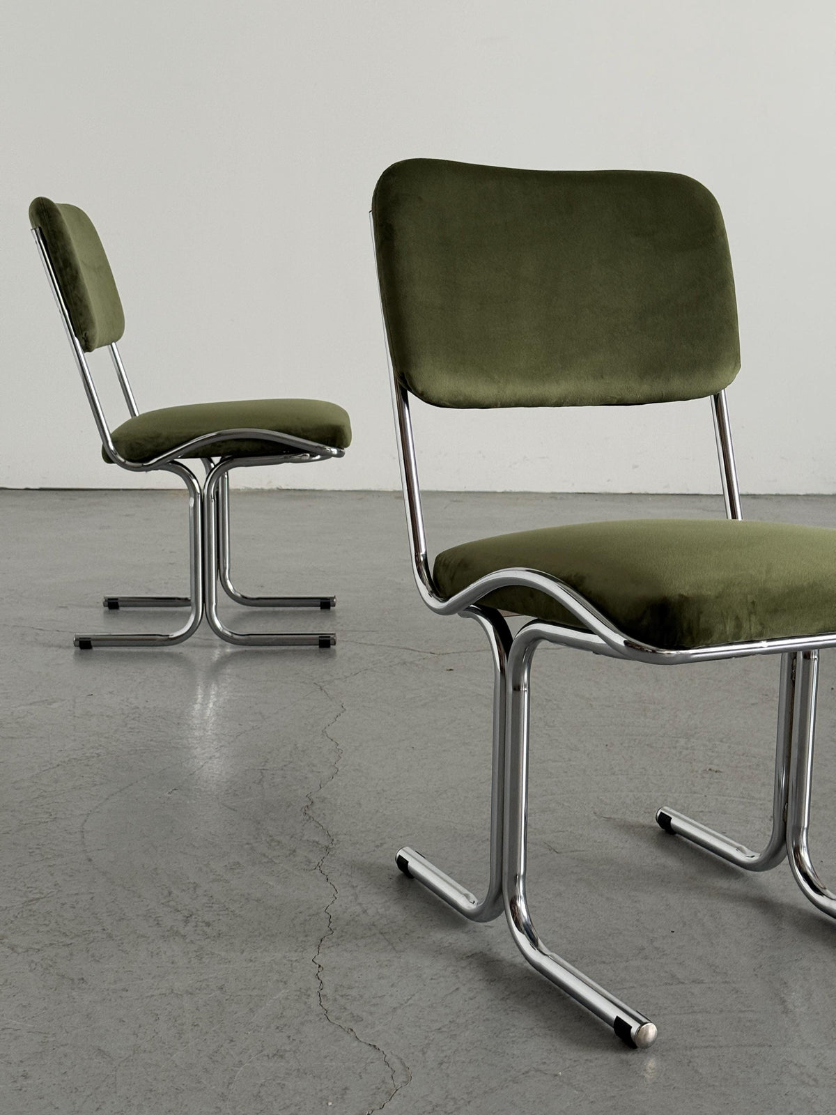 Olive Velvet and Tubular Chrome Cantilever Chairs