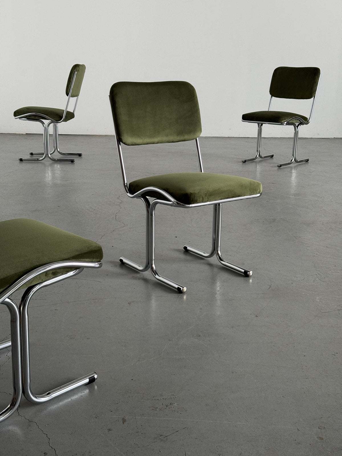 Olive Velvet and Tubular Chrome Cantilever Chairs