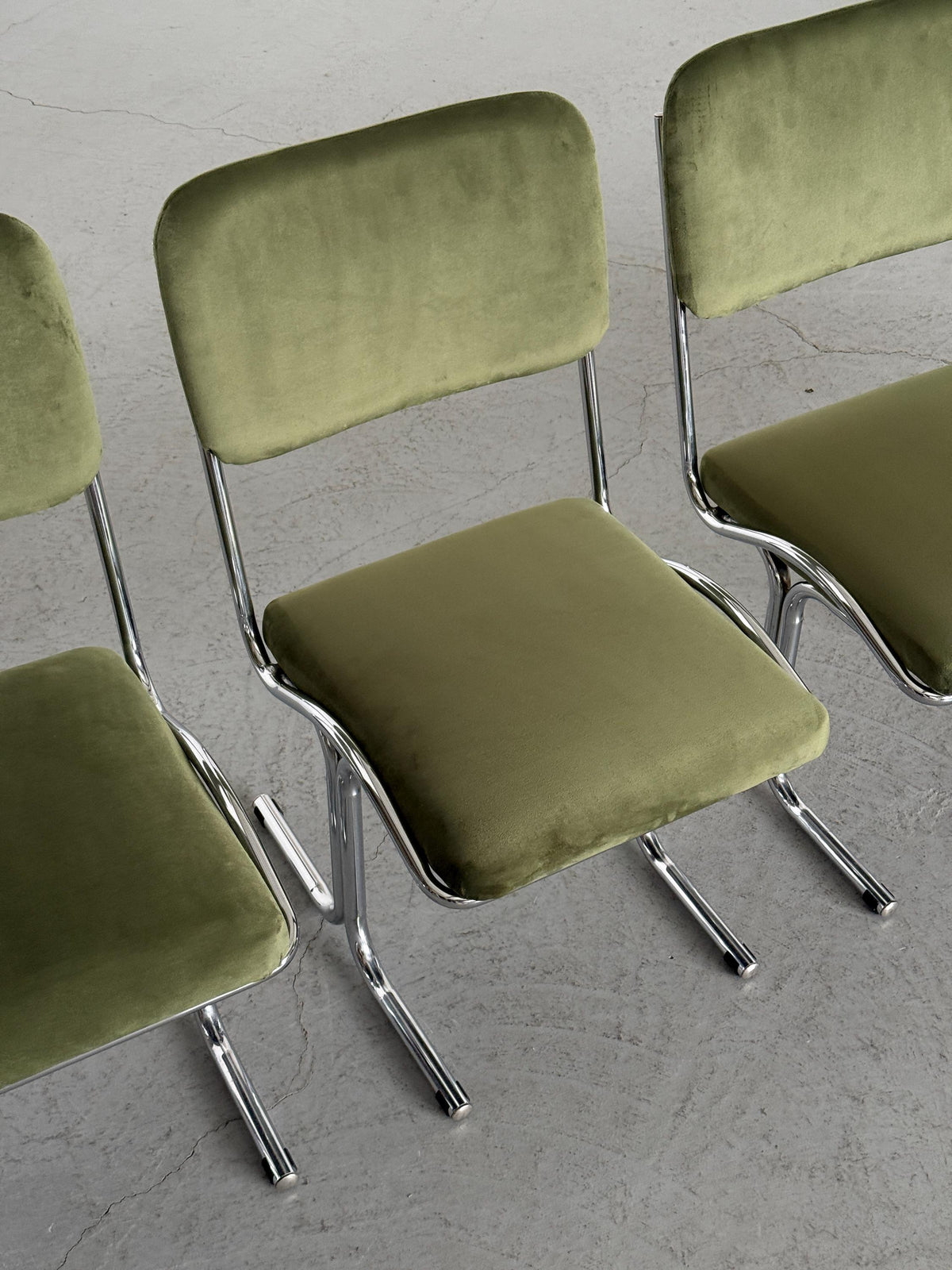 Olive Velvet and Tubular Chrome Cantilever Chairs