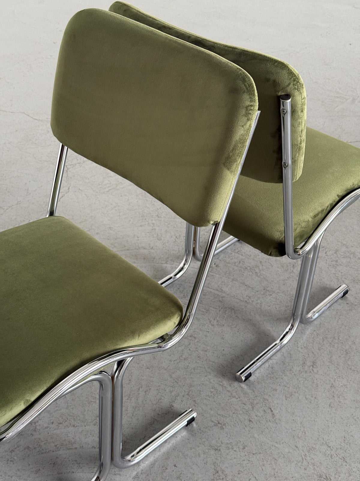 Olive Velvet and Tubular Chrome Cantilever Chairs