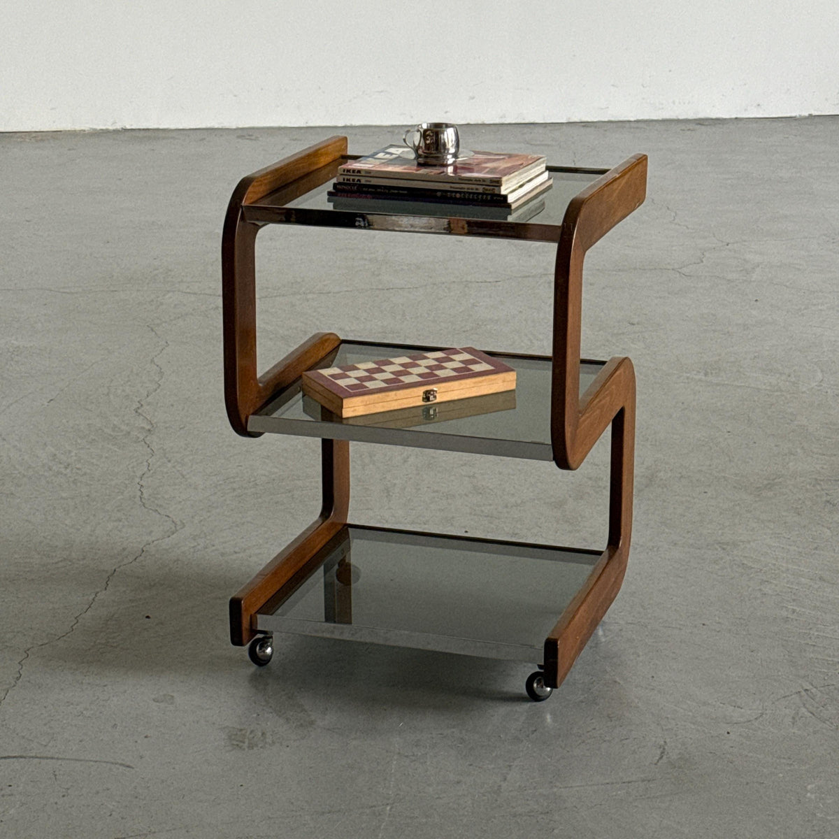 Smoked Glass Serving Trolley with Sculpted Wood Frame